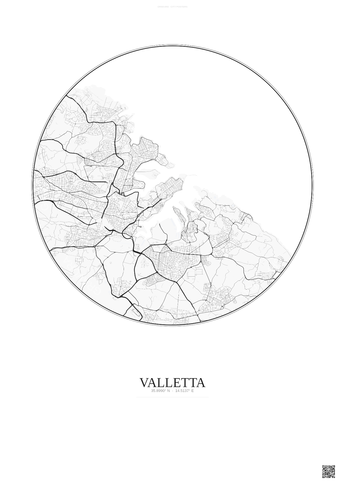 Affiche Valletta – Poster carte de ville | Gravura – Fond clair