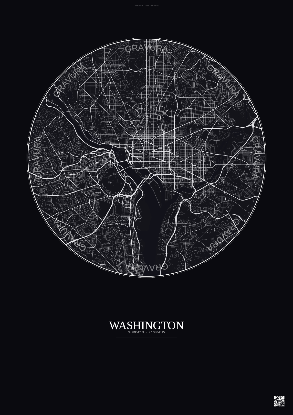 Affiche Washington – Poster carte de ville | Gravura – Fond foncé