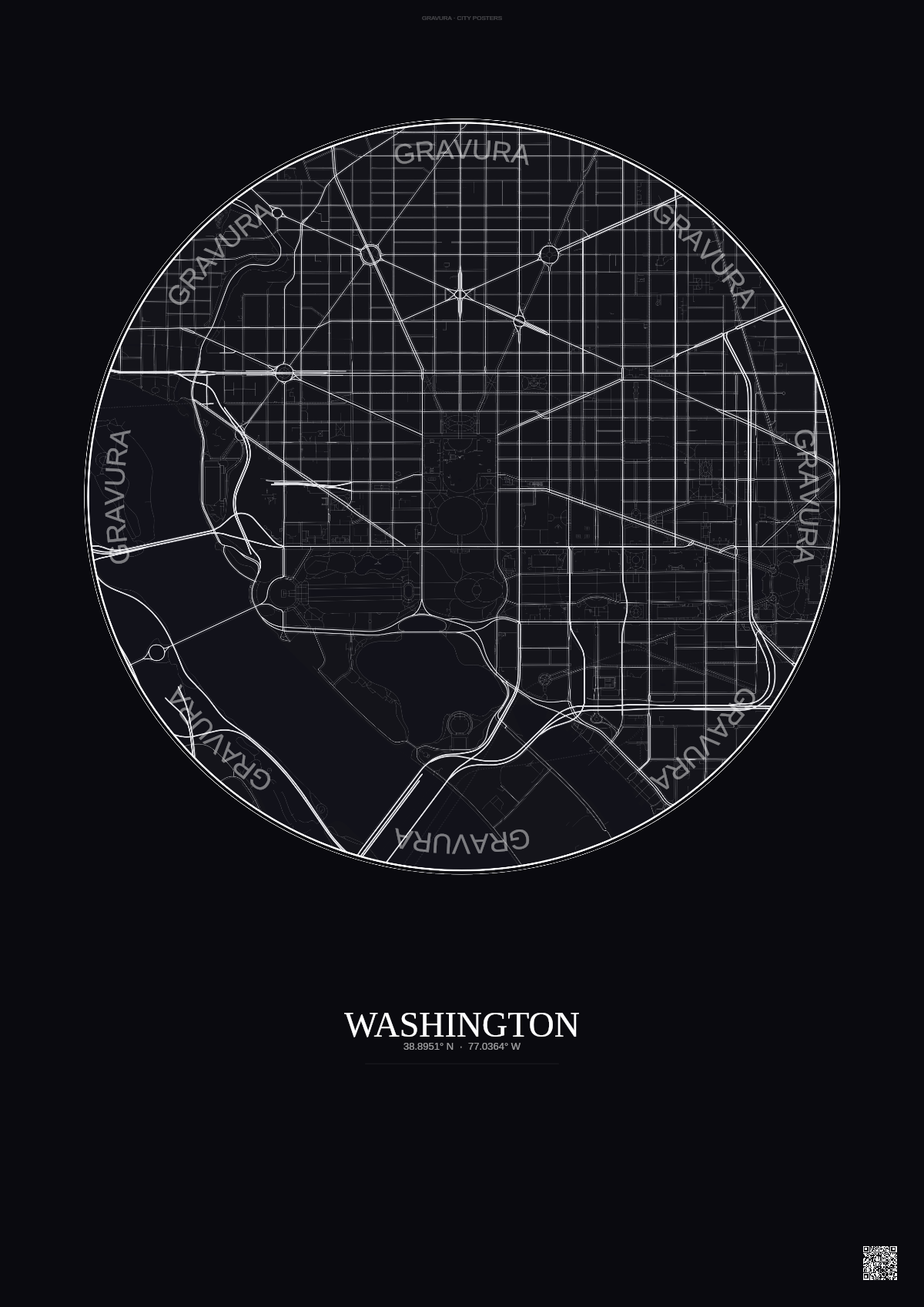 Affiche Washington – Poster carte de ville | Gravura – Fond foncé