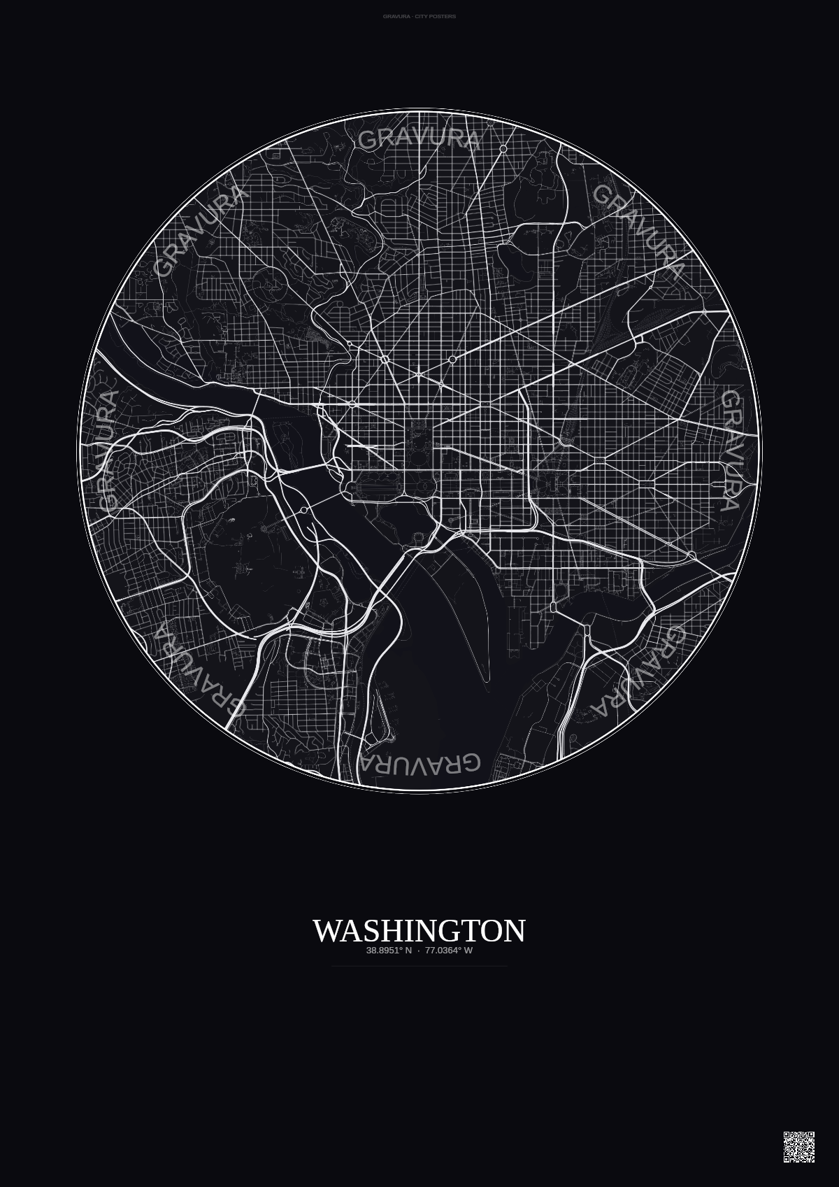 Affiche Washington – Poster carte de ville | Gravura – Fond foncé