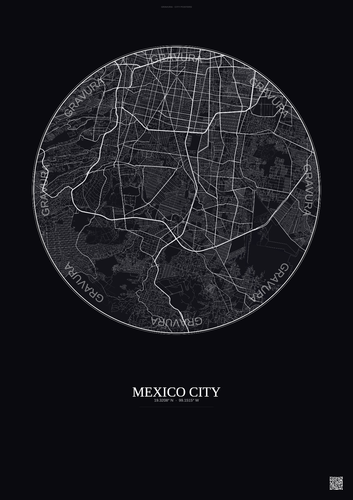 Affiche Mexico City – Poster carte de ville | Gravura – Fond foncé