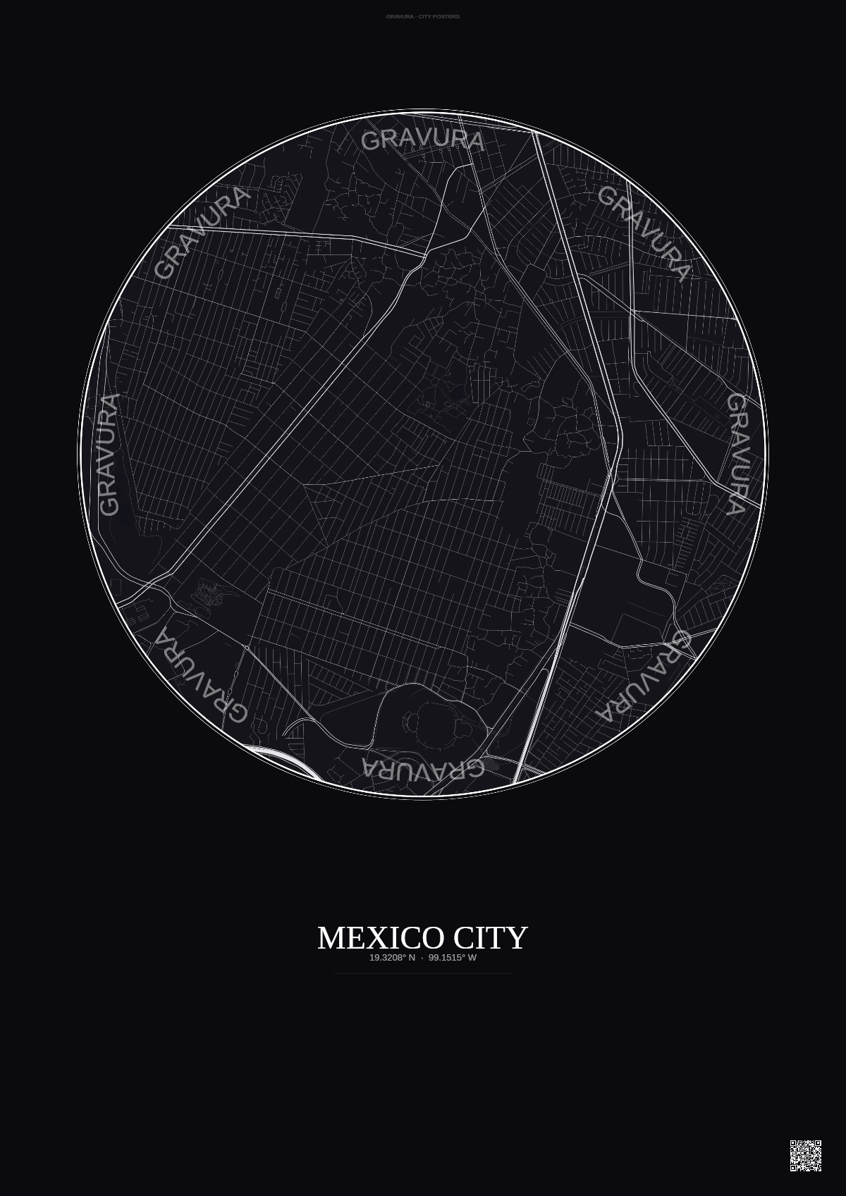 Affiche Mexico City – Poster carte de ville | Gravura – Fond foncé