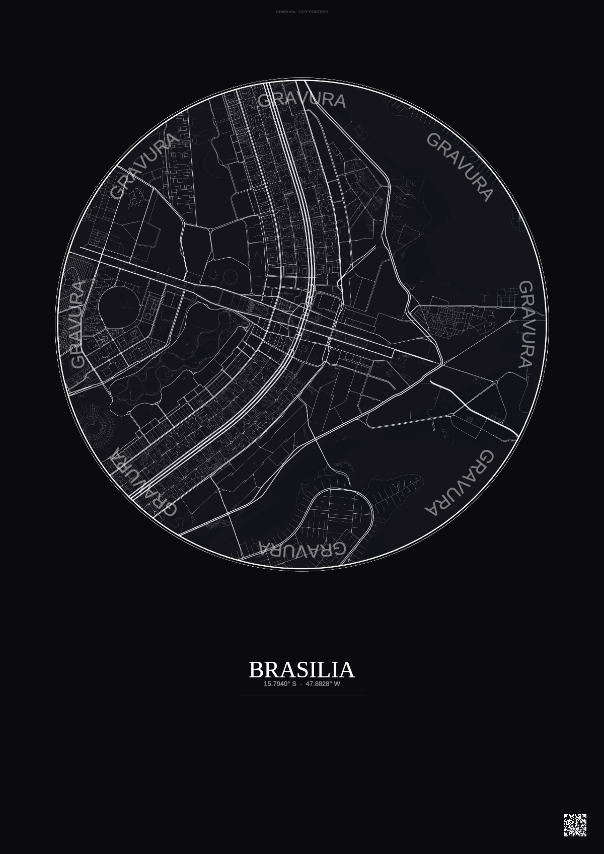 Affiche Brasilia – Poster carte de ville | Gravura – Fond foncé