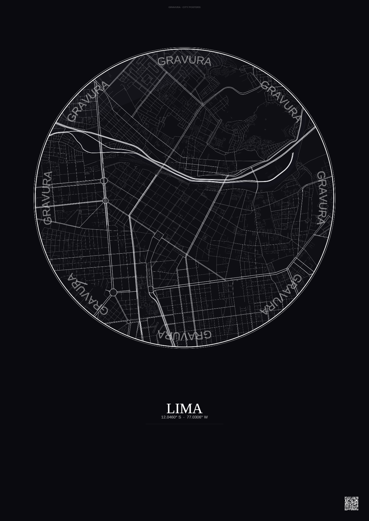 Affiche Lima – Poster carte de ville | Gravura – Fond foncé