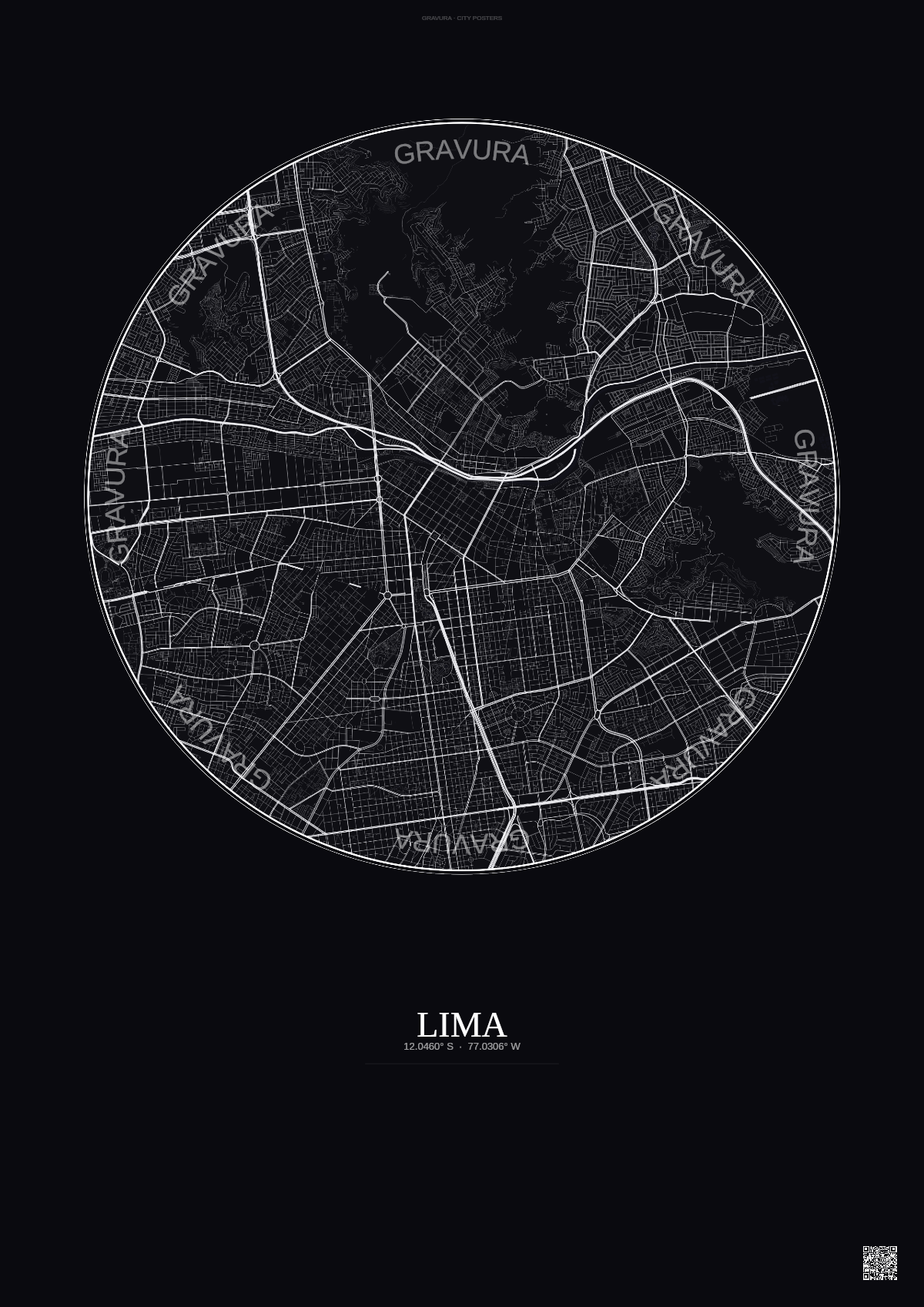 Affiche Lima – Poster carte de ville | Gravura – Fond foncé