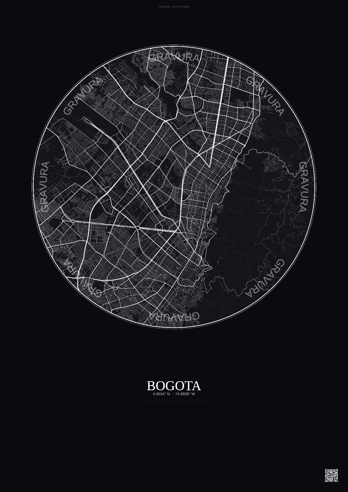 Affiche Bogota – Poster carte de ville | Gravura – Fond foncé