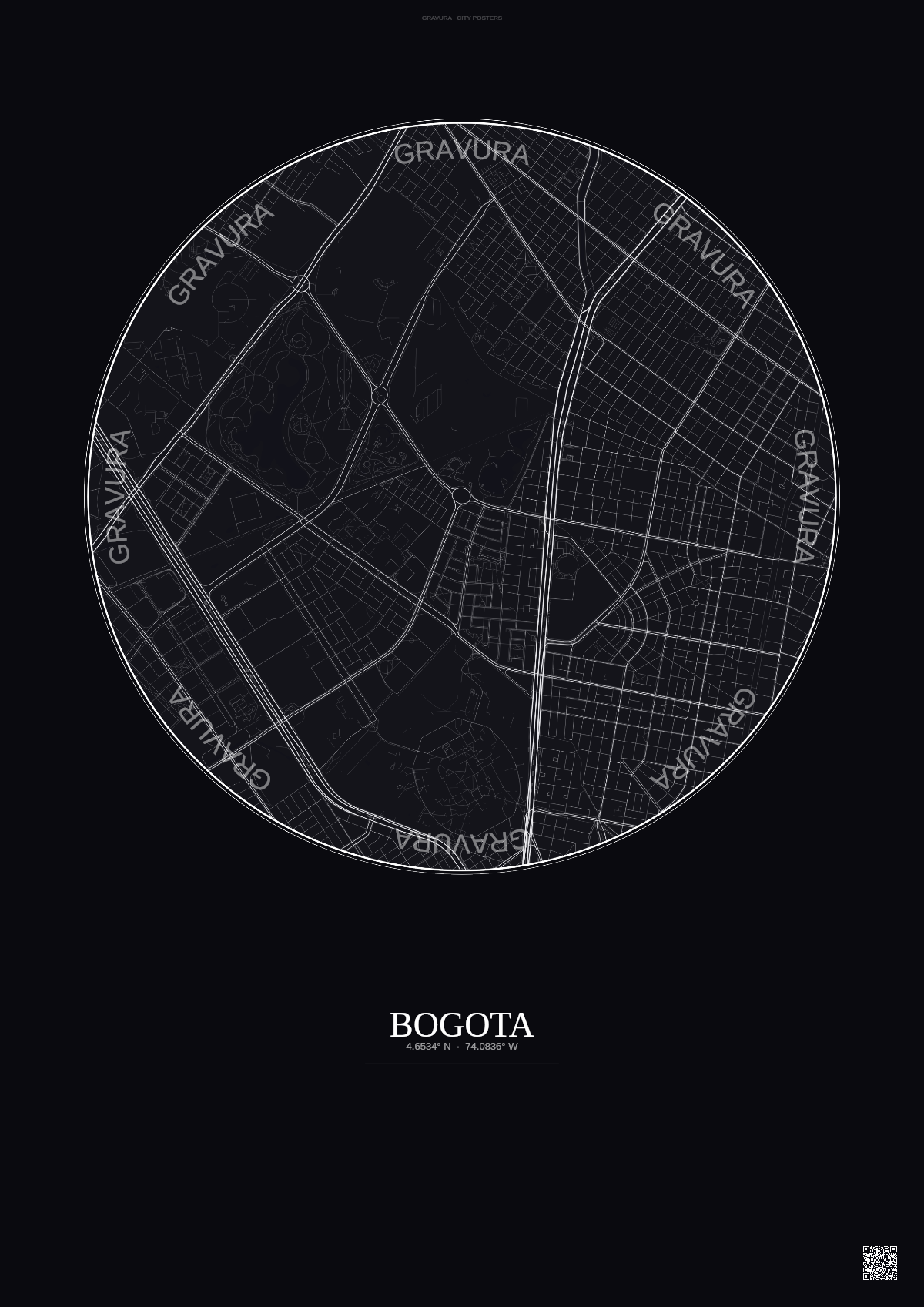 Affiche Bogota – Poster carte de ville | Gravura – Fond foncé