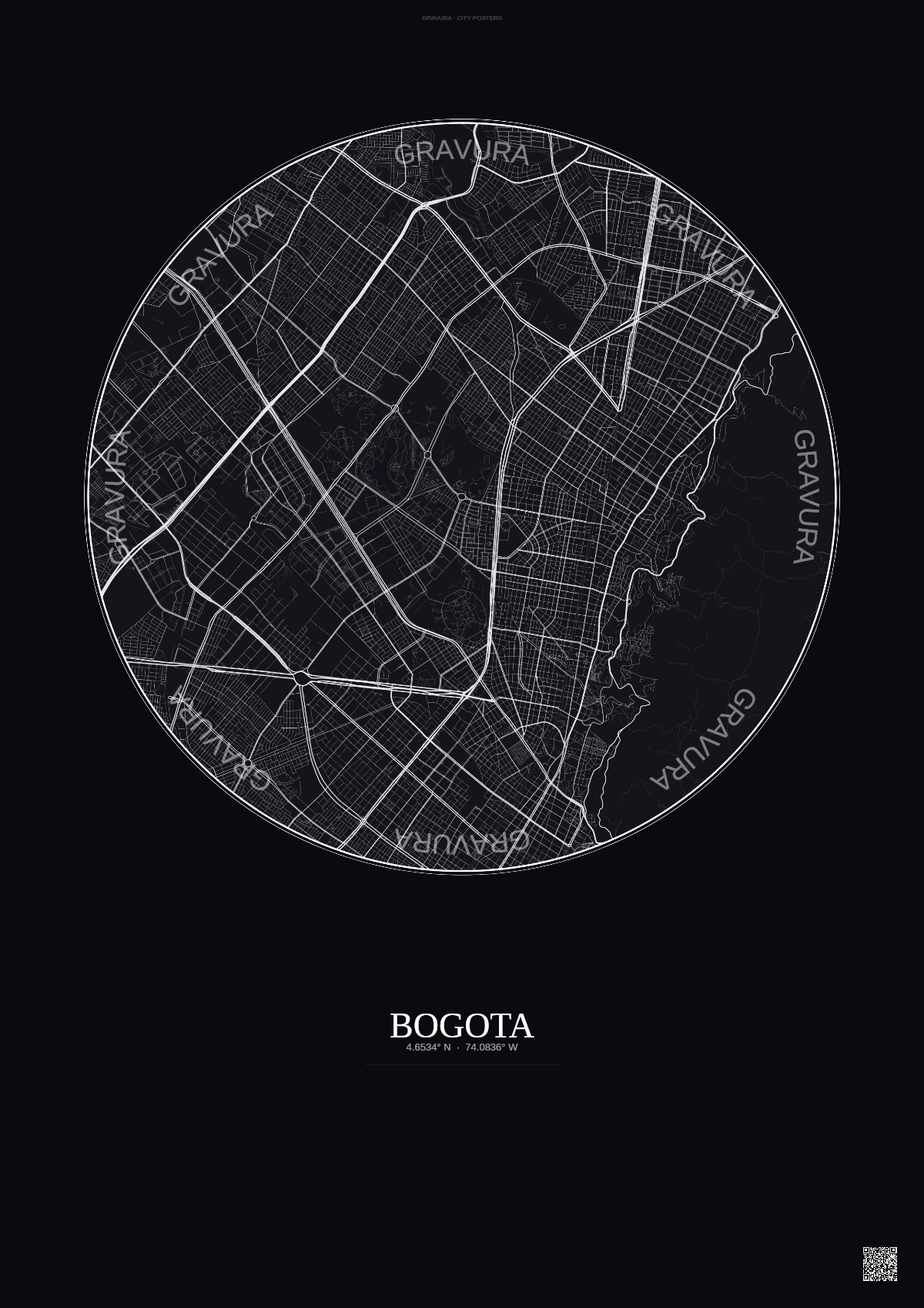 Affiche Bogota – Poster carte de ville | Gravura – Fond foncé