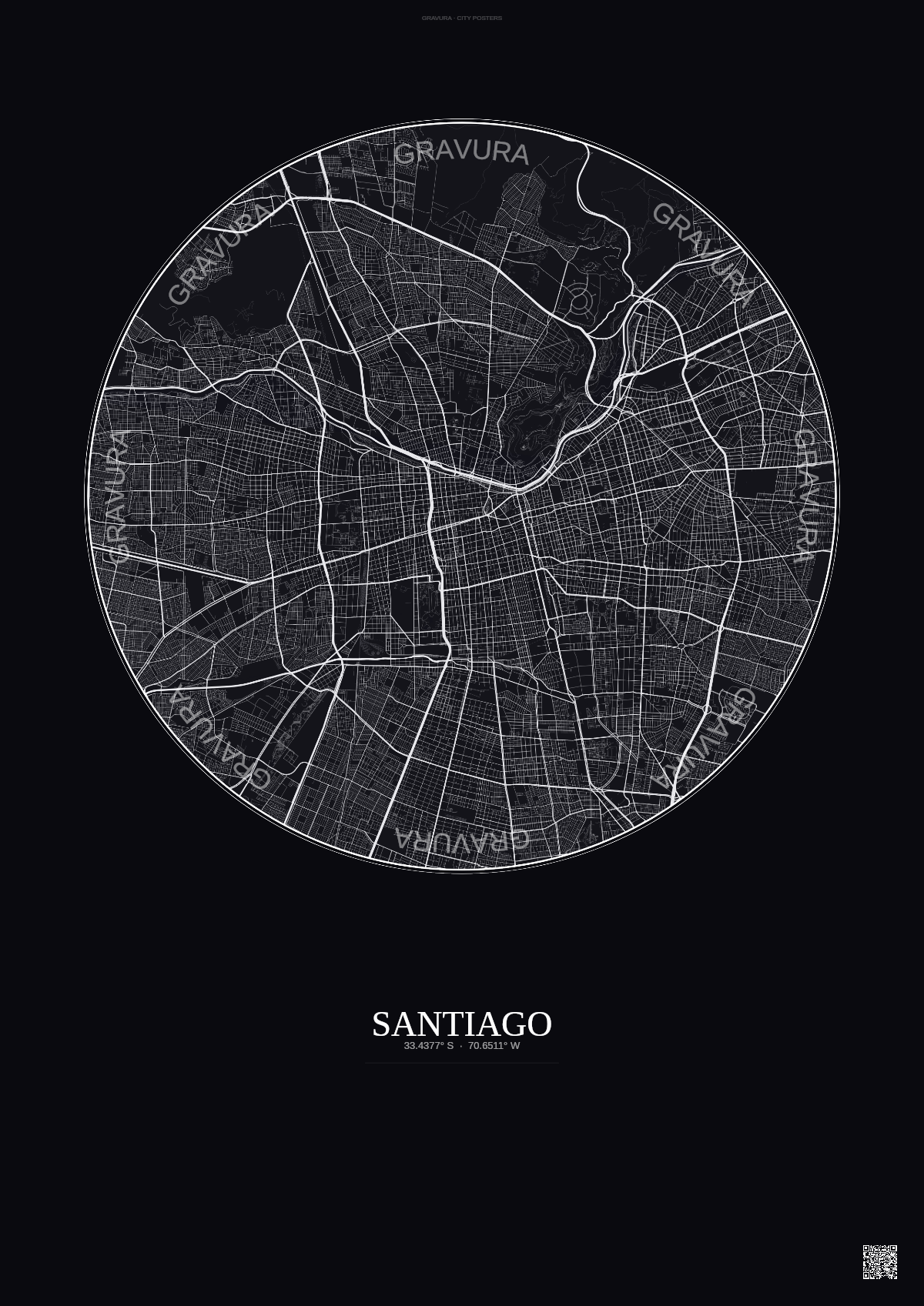 Affiche Santiago – Poster carte de ville | Gravura – Fond foncé
