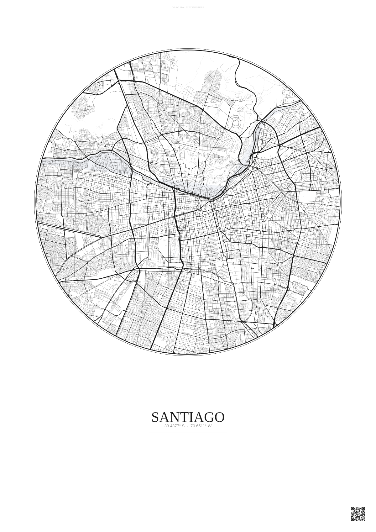 Affiche Santiago – Poster carte de ville | Gravura – Fond clair
