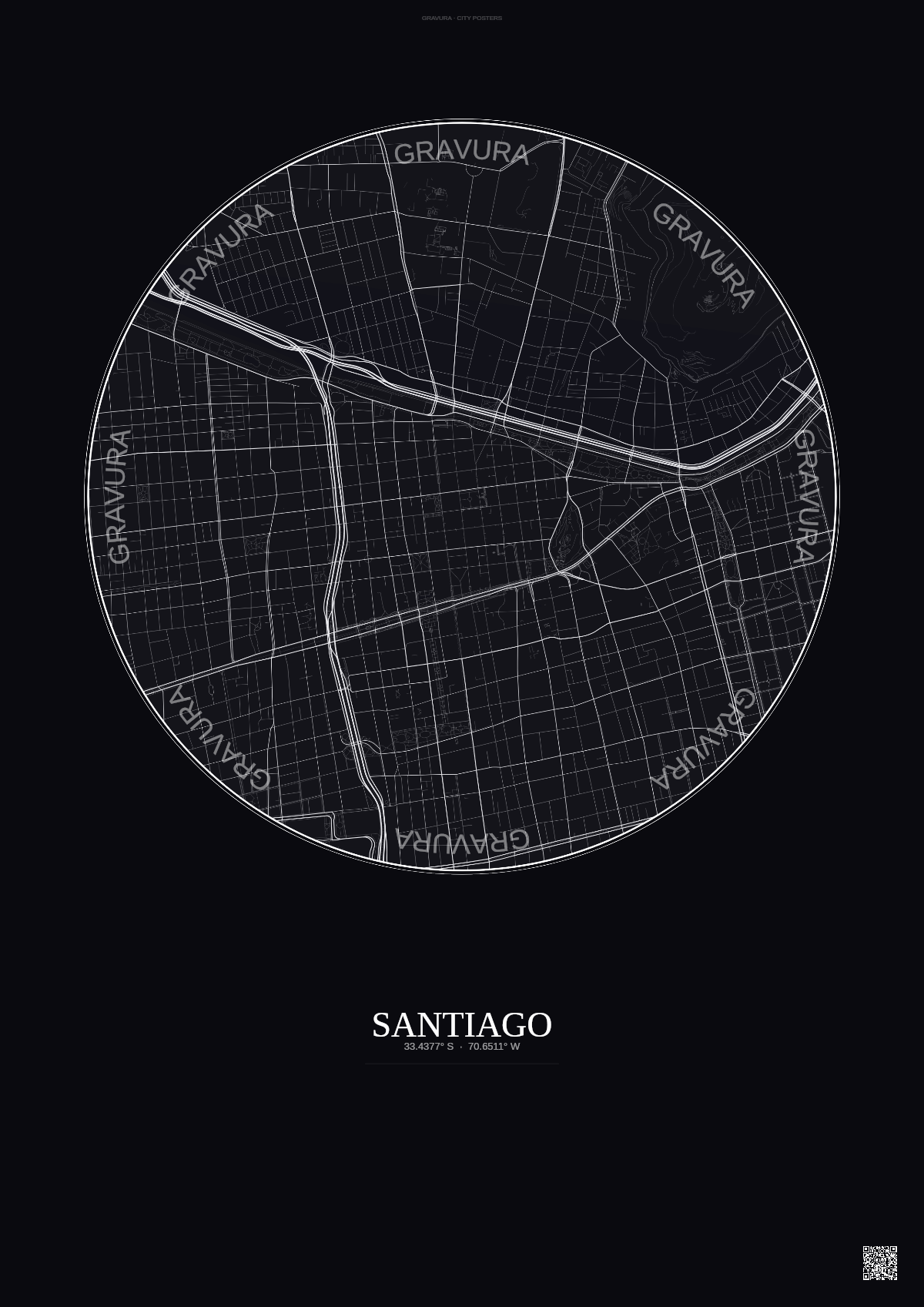 Affiche Santiago – Poster carte de ville | Gravura – Fond foncé