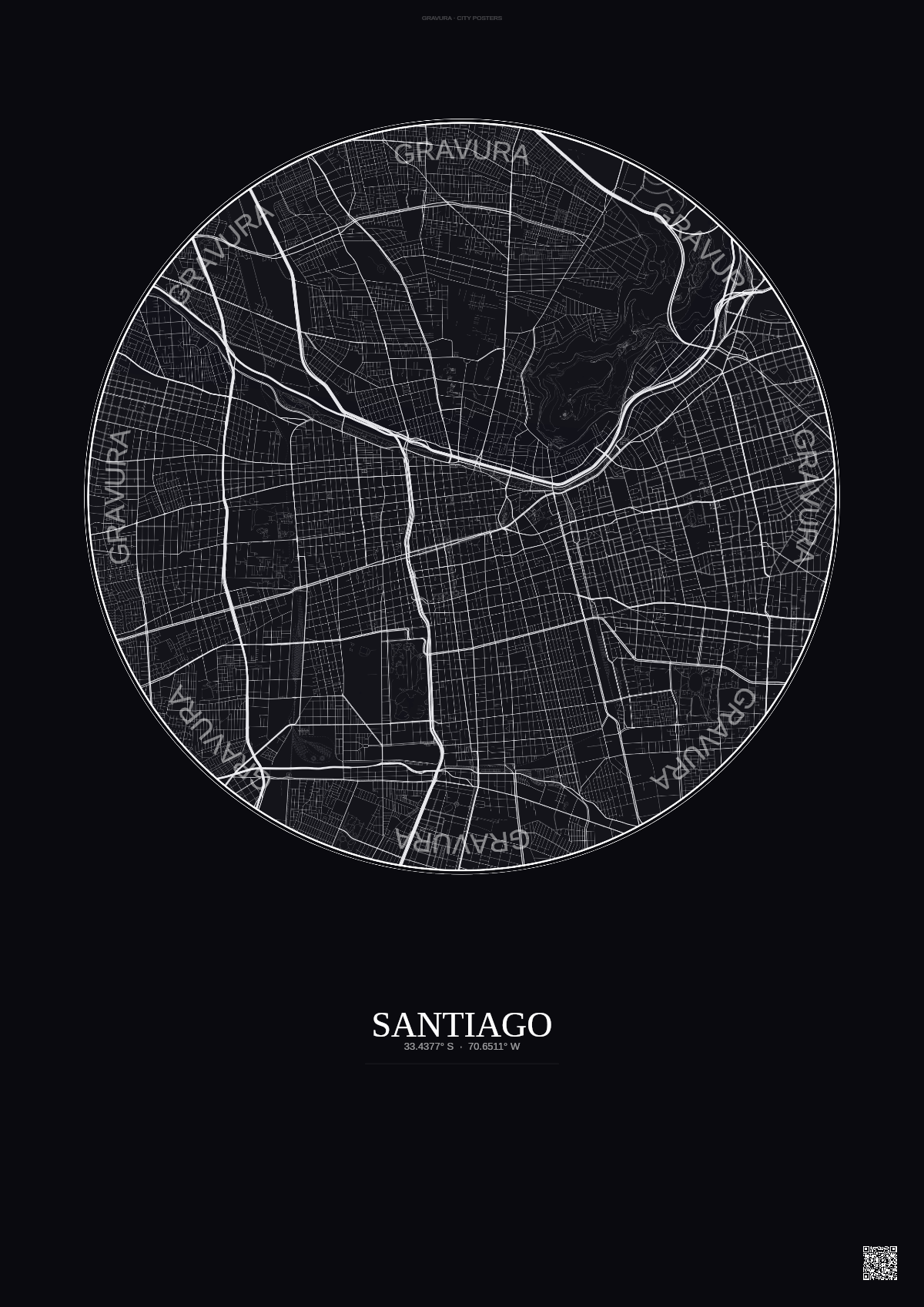 Affiche Santiago – Poster carte de ville | Gravura – Fond foncé