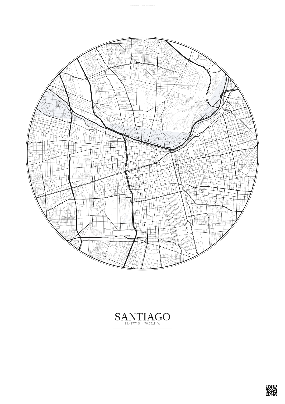 Affiche Santiago – Poster carte de ville | Gravura – Fond clair