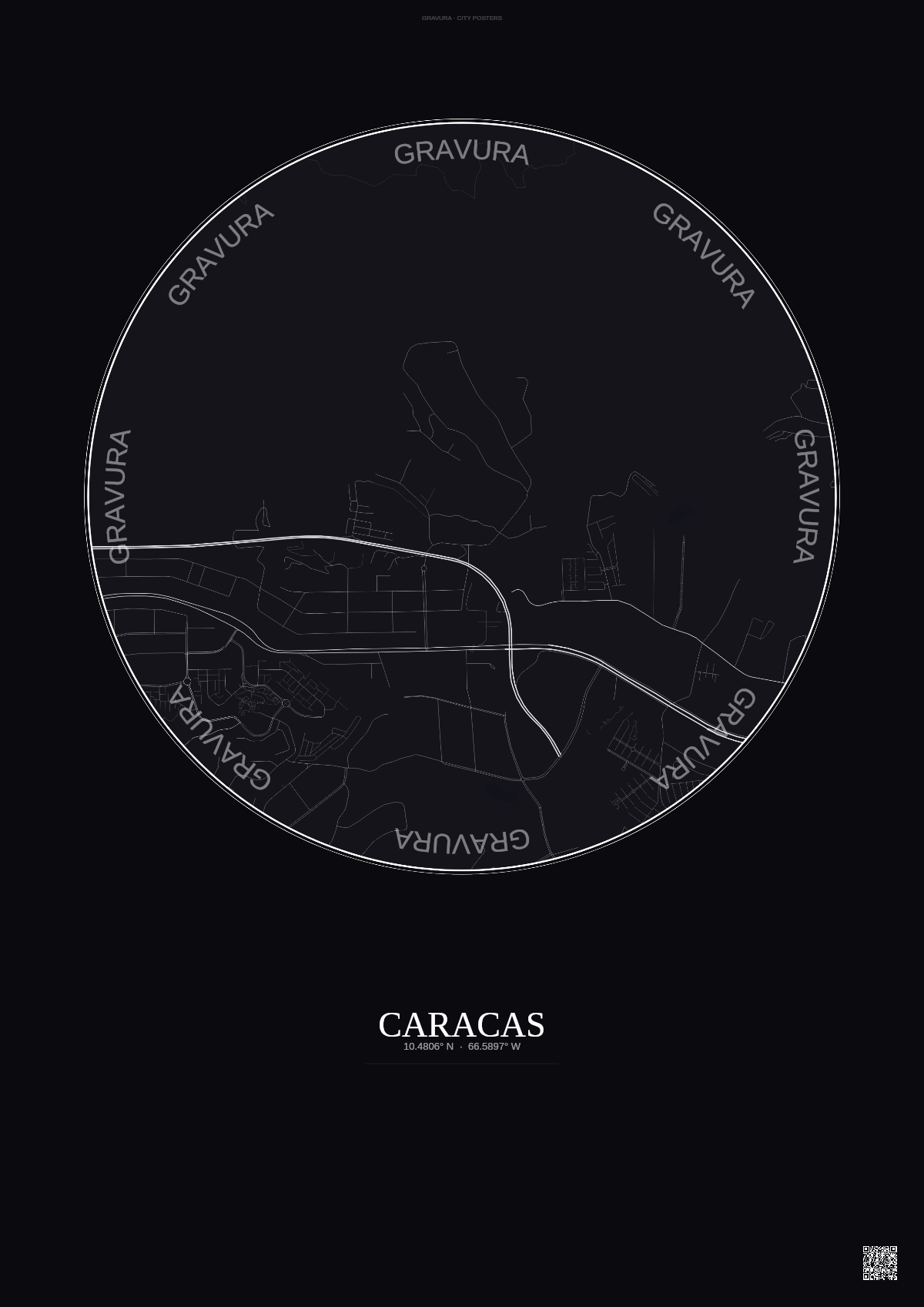 Affiche Caracas – Poster carte de ville | Gravura – Fond foncé