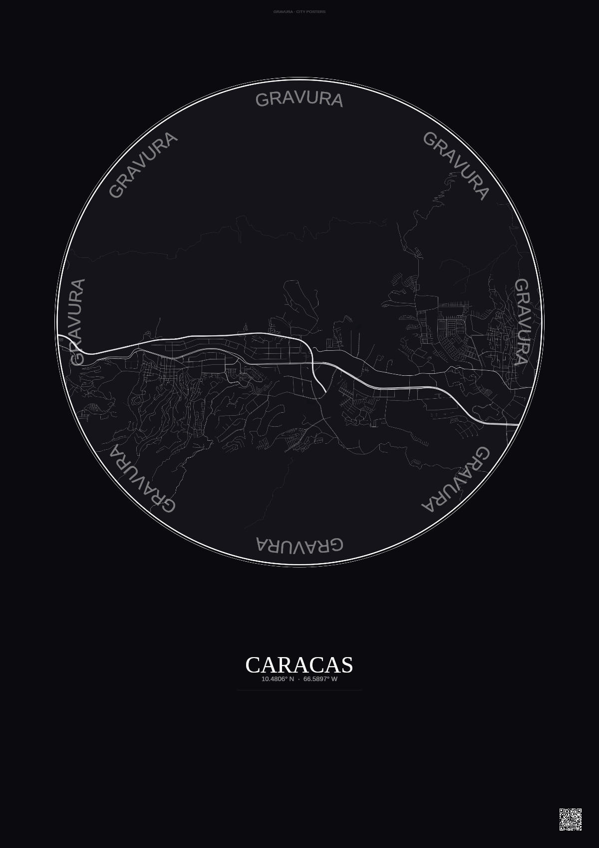 Affiche Caracas – Poster carte de ville | Gravura – Fond foncé