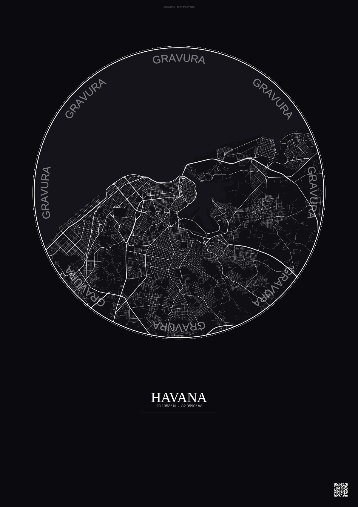 Affiche Havana – Poster carte de ville | Gravura – Fond foncé