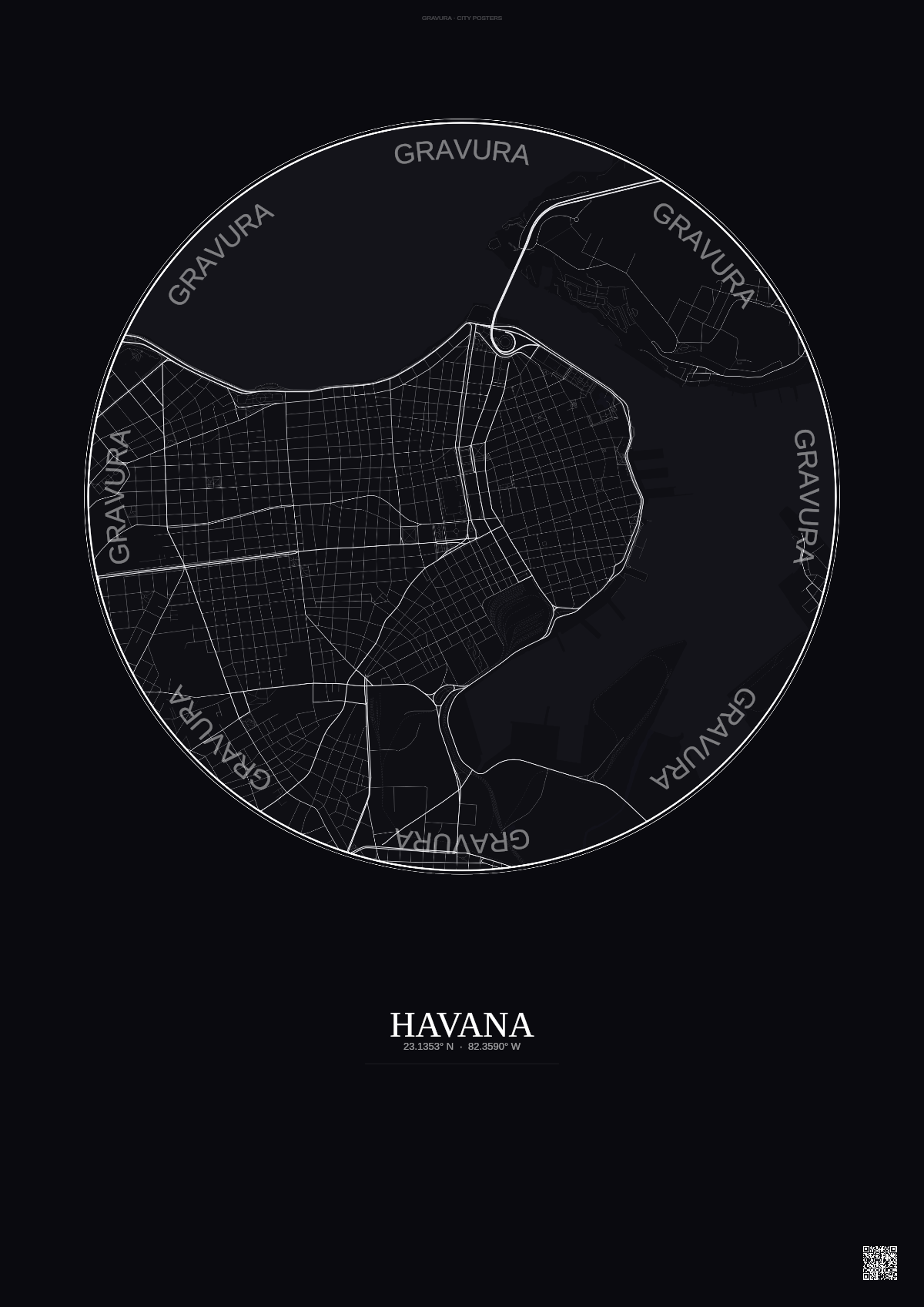 Affiche Havana – Poster carte de ville | Gravura – Fond foncé