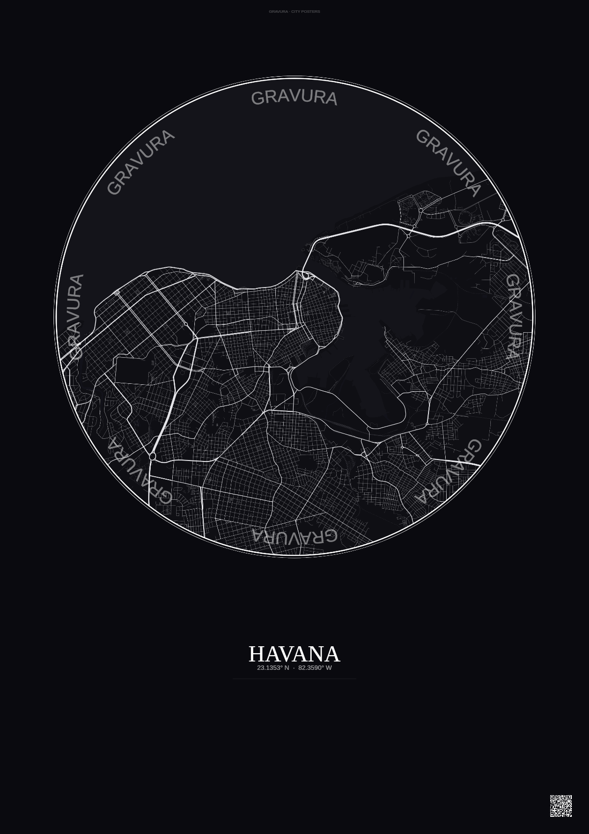 Affiche Havana – Poster carte de ville | Gravura – Fond foncé