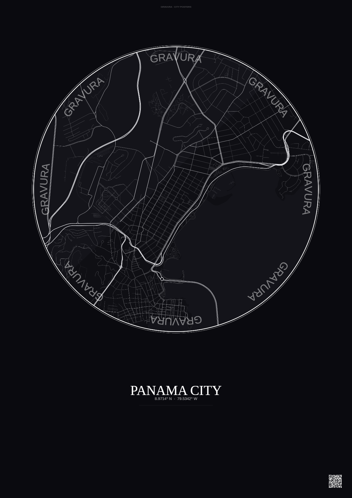 Affiche Panama City – Poster carte de ville | Gravura – Fond foncé