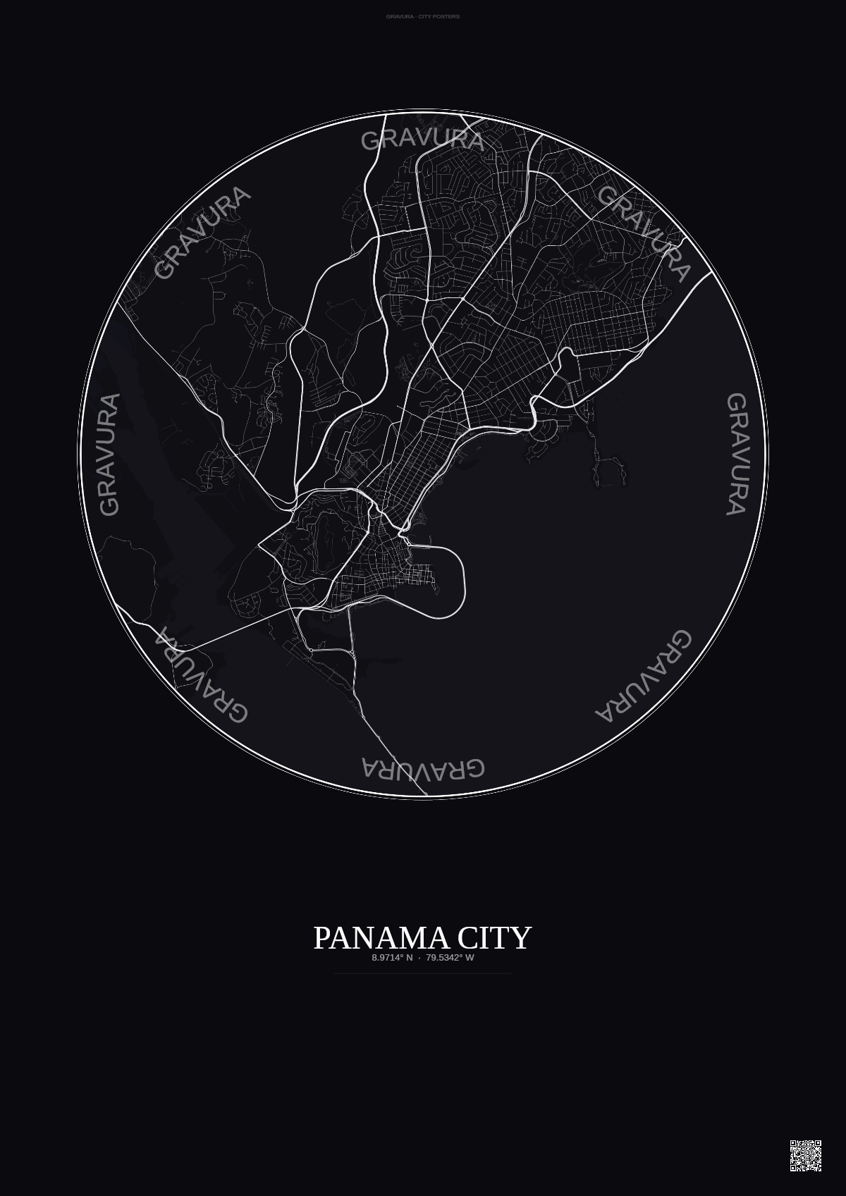 Affiche Panama City – Poster carte de ville | Gravura – Fond foncé