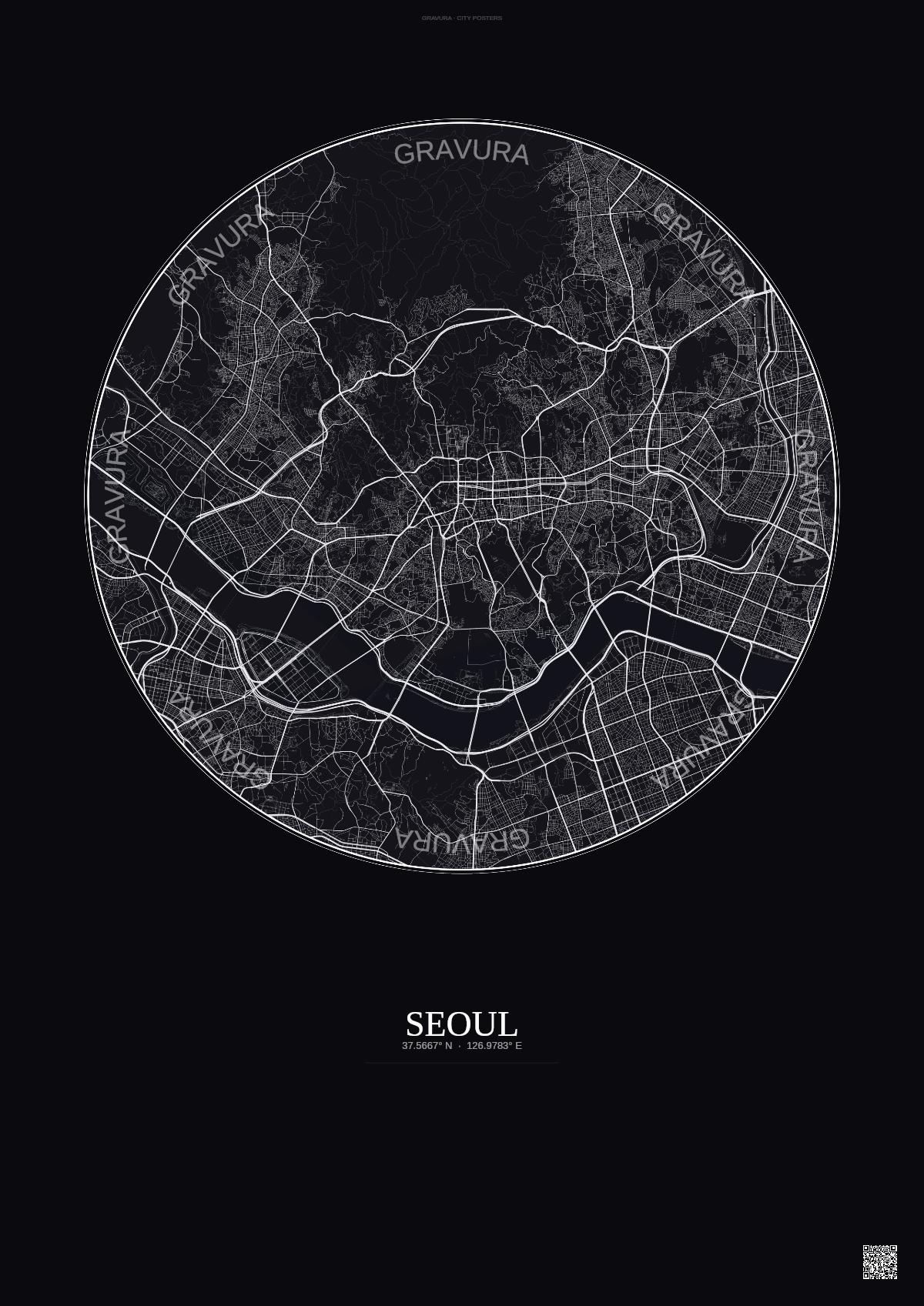 Affiche Seoul – Poster carte de ville | Gravura – Fond foncé