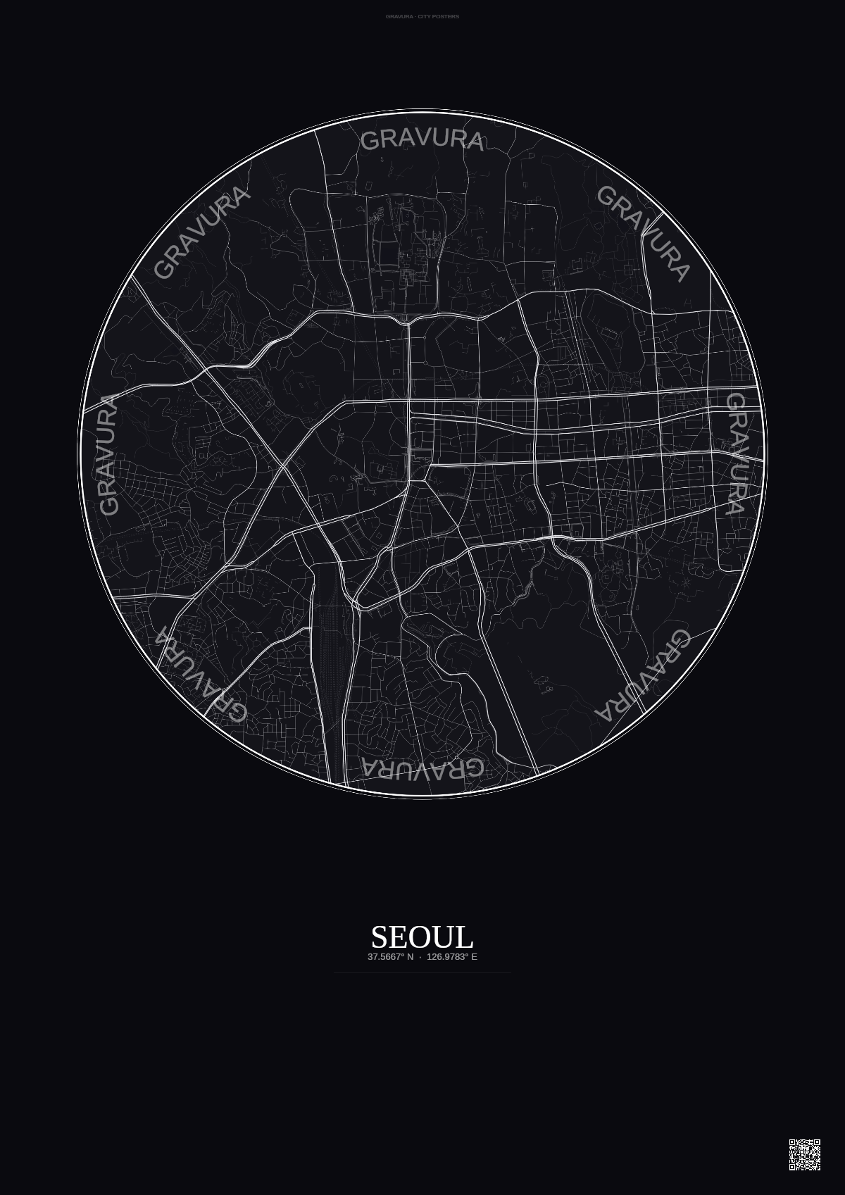 Affiche Seoul – Poster carte de ville | Gravura – Fond foncé
