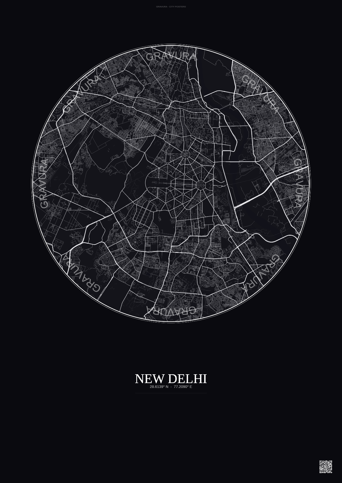 Affiche New Delhi – Poster carte de ville | Gravura – Fond foncé