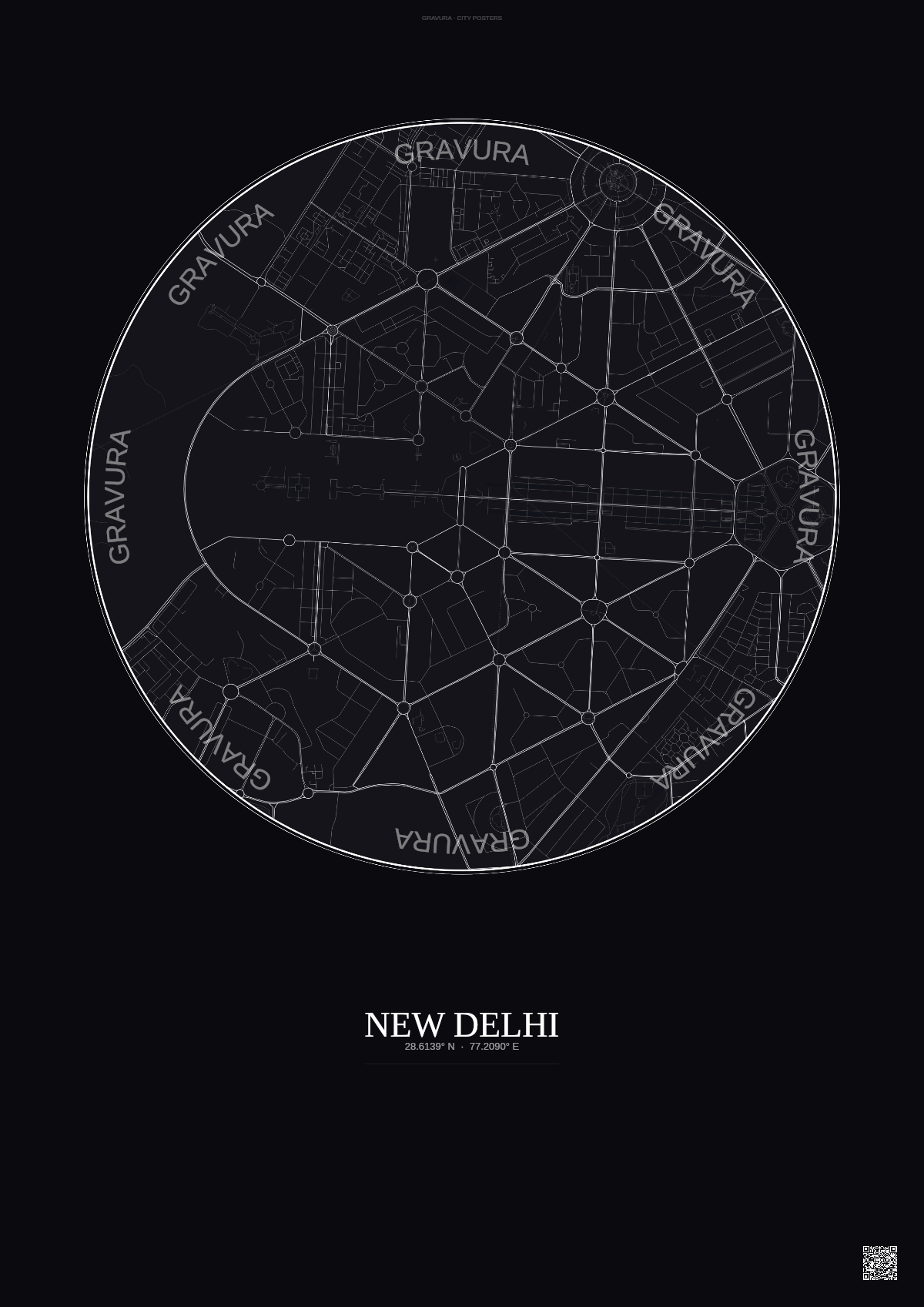 Affiche New Delhi – Poster carte de ville | Gravura – Fond foncé
