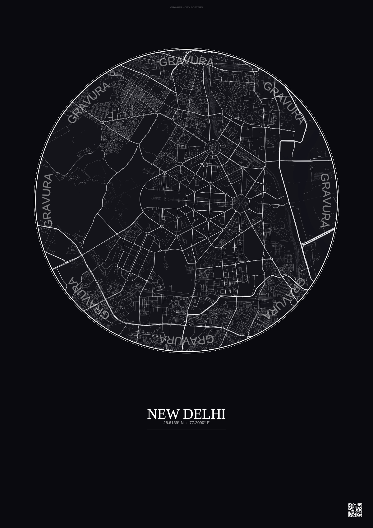 Affiche New Delhi – Poster carte de ville | Gravura – Fond foncé
