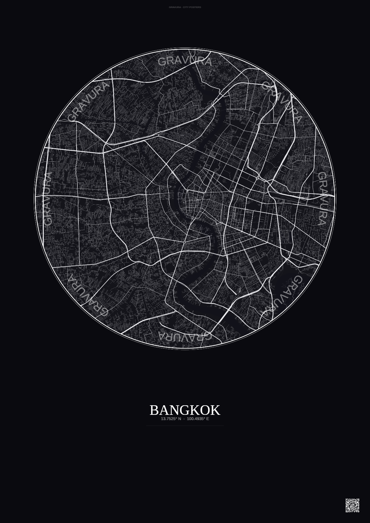 Affiche Bangkok – Poster carte de ville | Gravura – Fond foncé