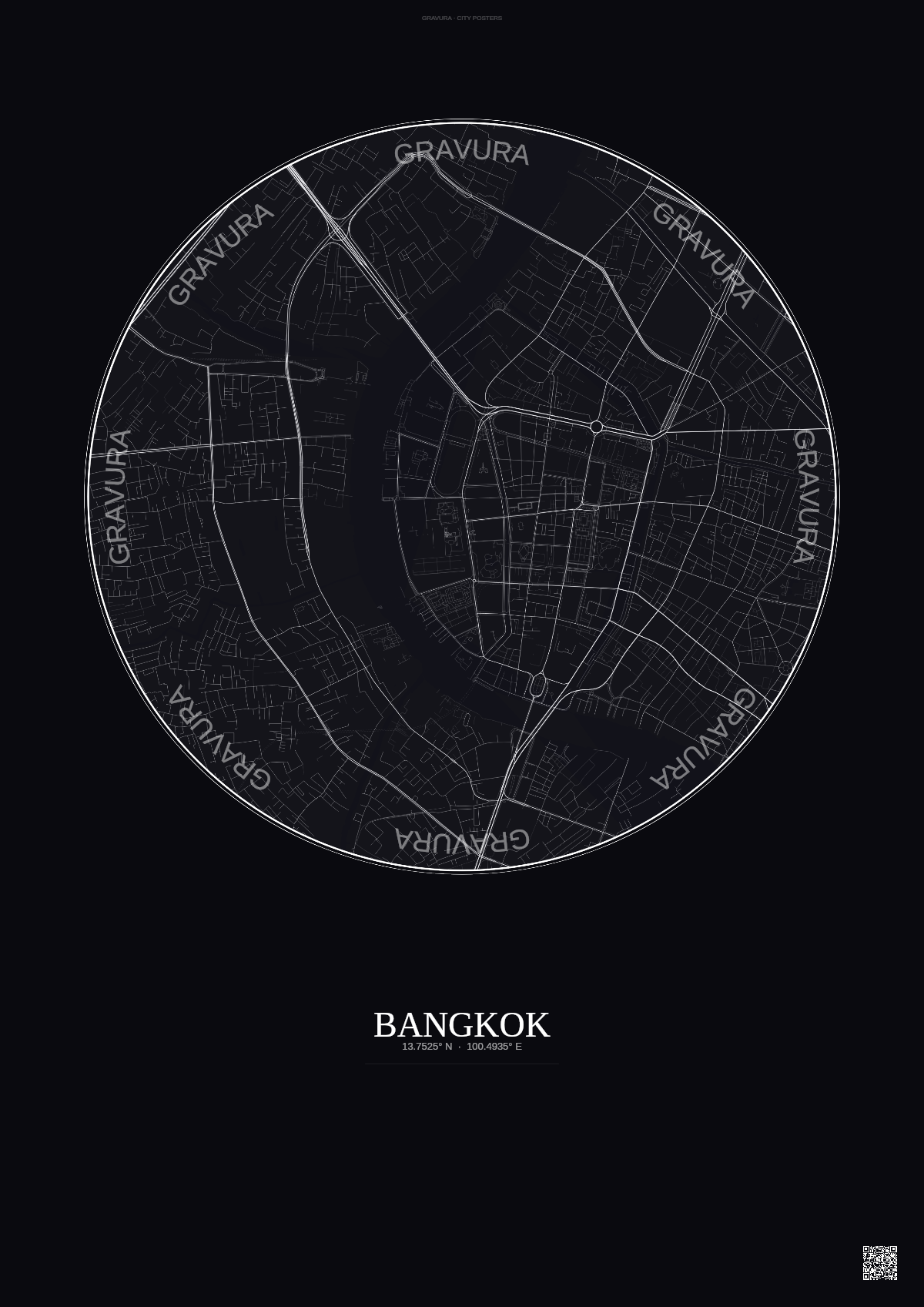 Affiche Bangkok – Poster carte de ville | Gravura – Fond foncé