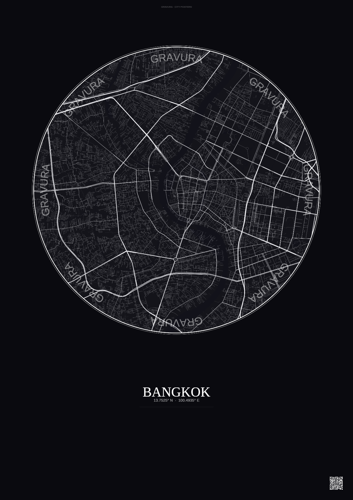 Affiche Bangkok – Poster carte de ville | Gravura – Fond foncé