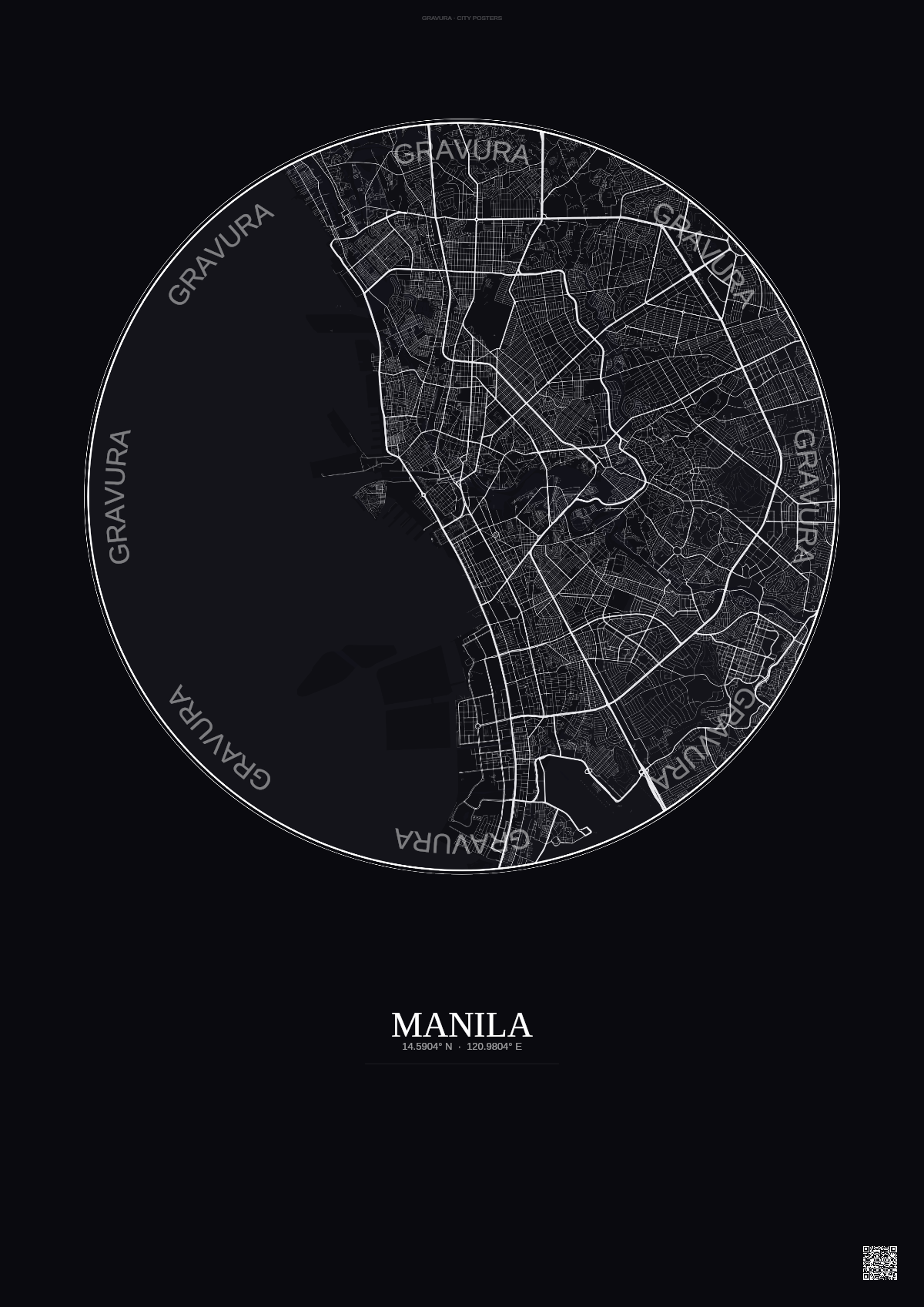 Affiche Manila – Poster carte de ville | Gravura – Fond foncé