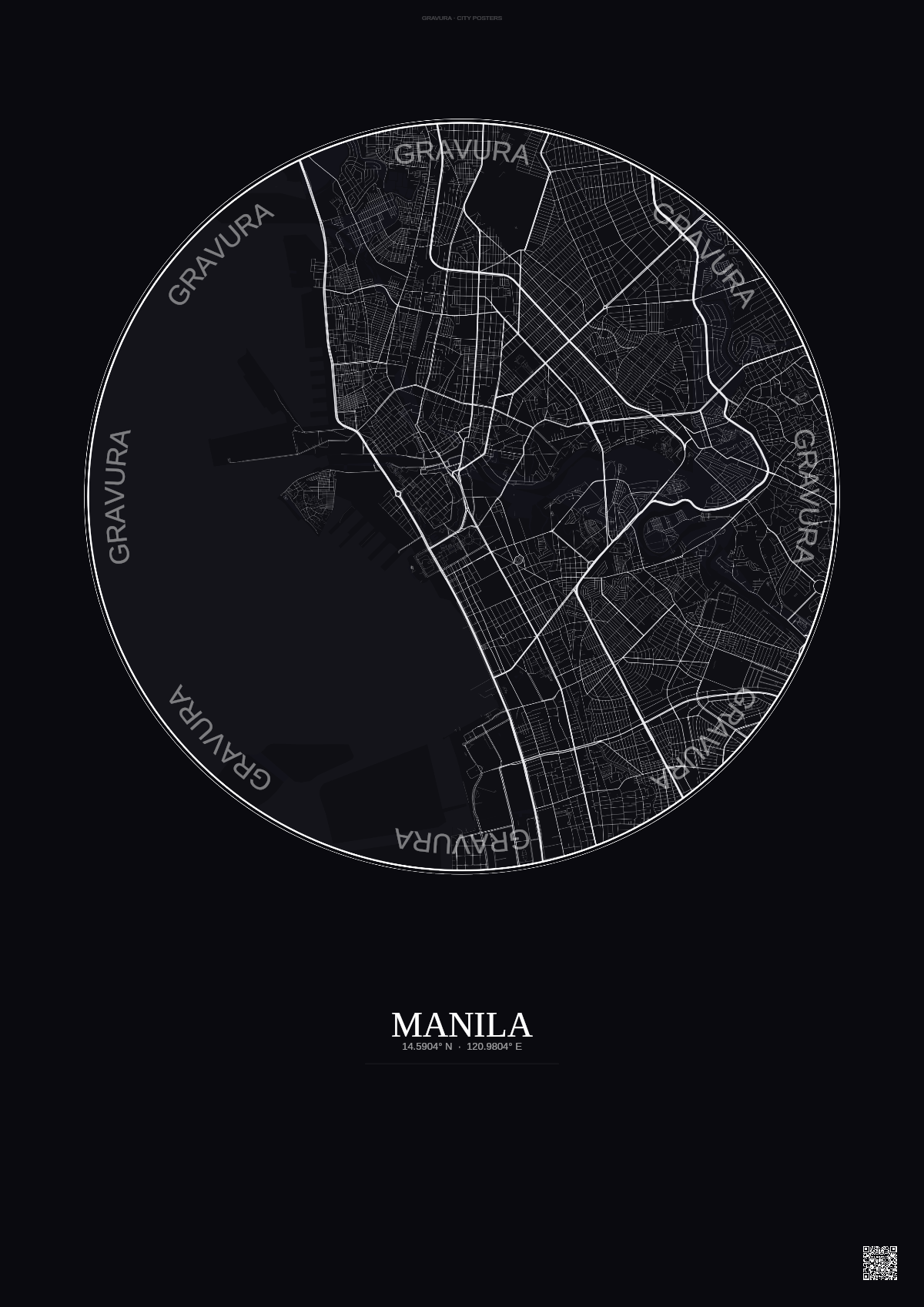 Affiche Manila – Poster carte de ville | Gravura – Fond foncé