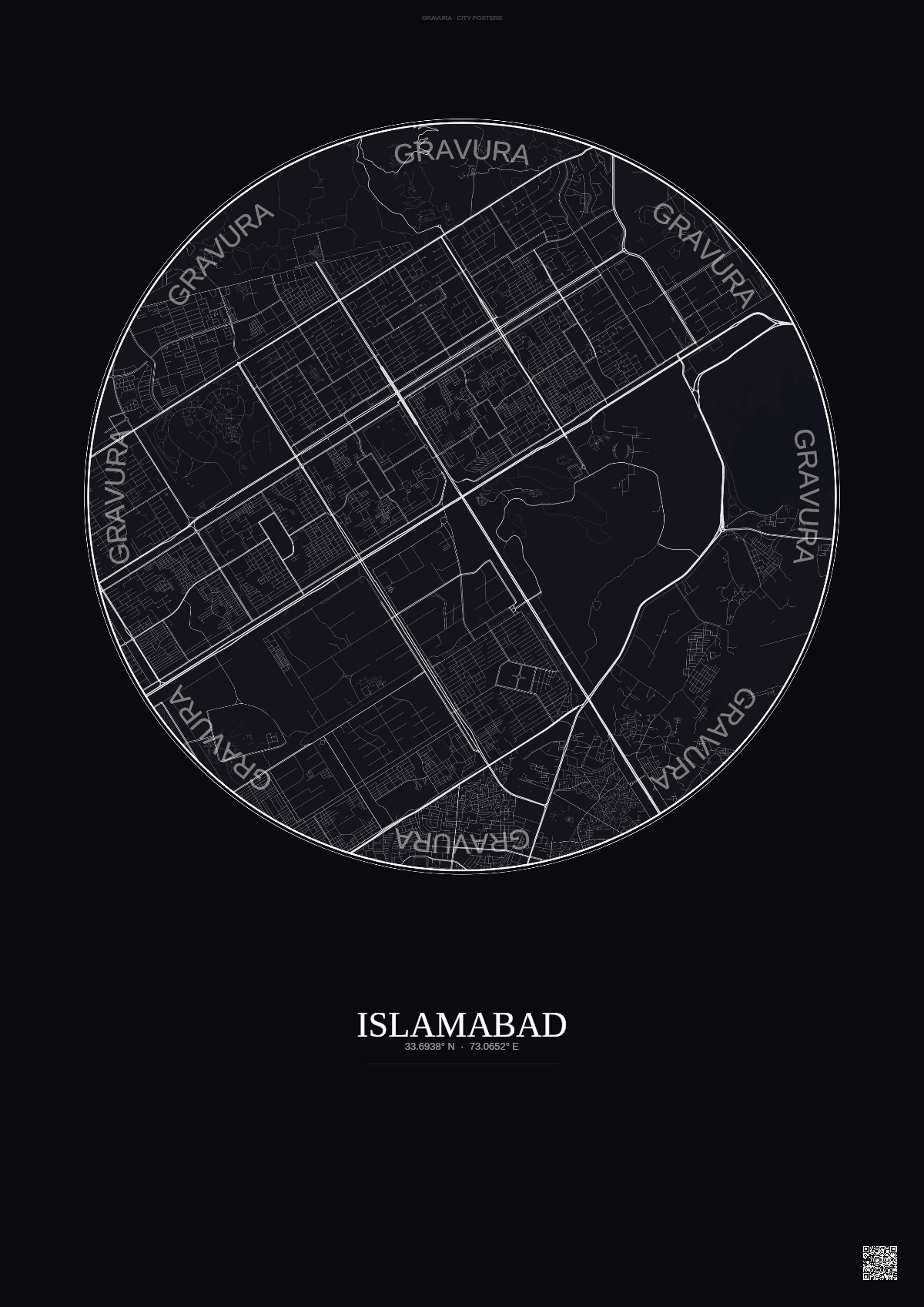 Affiche Islamabad – Poster carte de ville | Gravura – Fond foncé