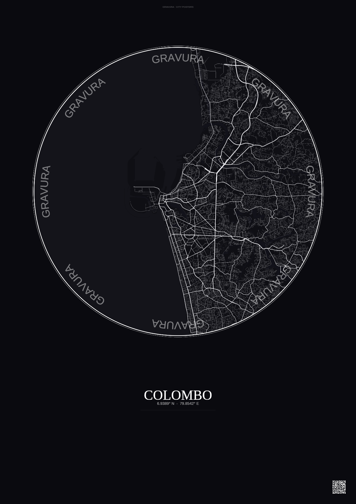 Affiche Colombo – Poster carte de ville | Gravura – Fond foncé