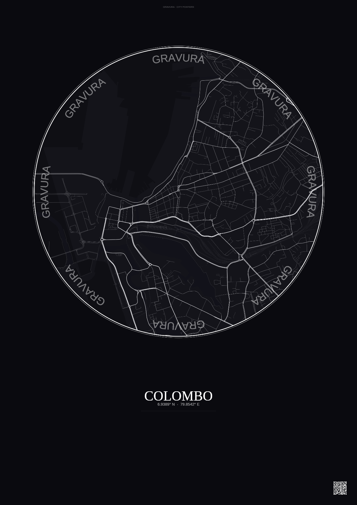 Affiche Colombo – Poster carte de ville | Gravura – Fond foncé