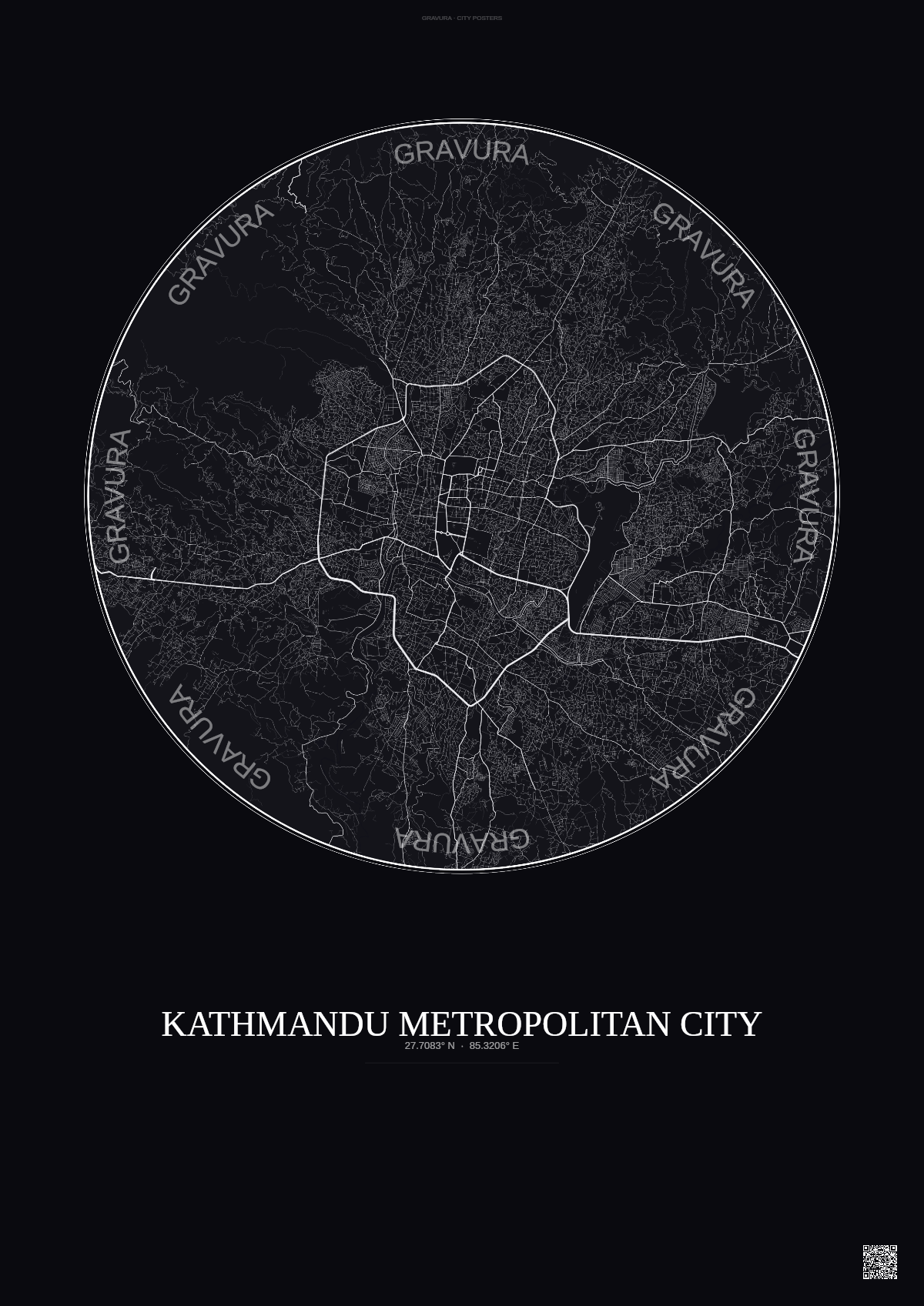 Affiche Kathmandu Metropolitan City – Poster carte de ville | Gravura – Fond foncé