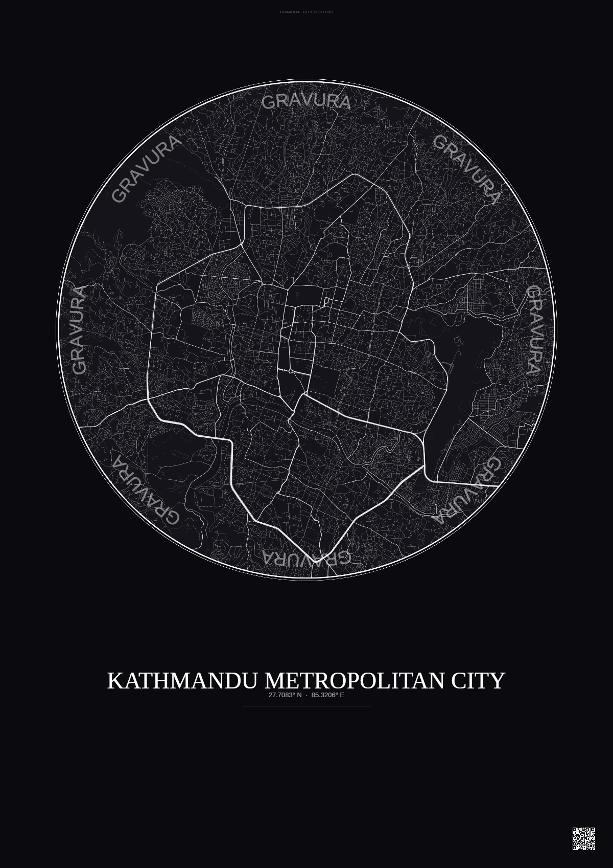 Affiche Kathmandu Metropolitan City – Poster carte de ville | Gravura – Fond foncé