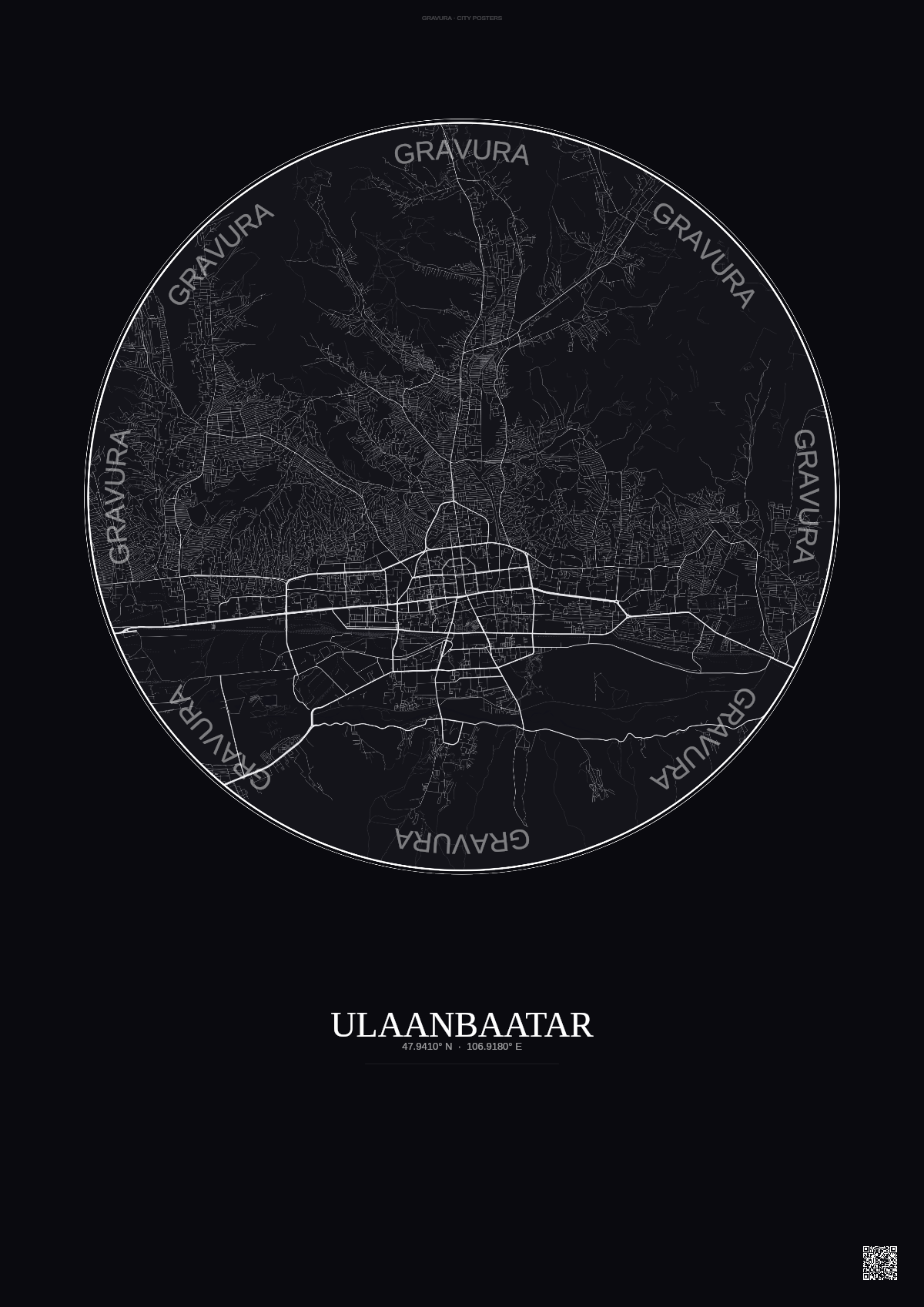 Affiche Ulaanbaatar – Poster carte de ville | Gravura – Fond foncé
