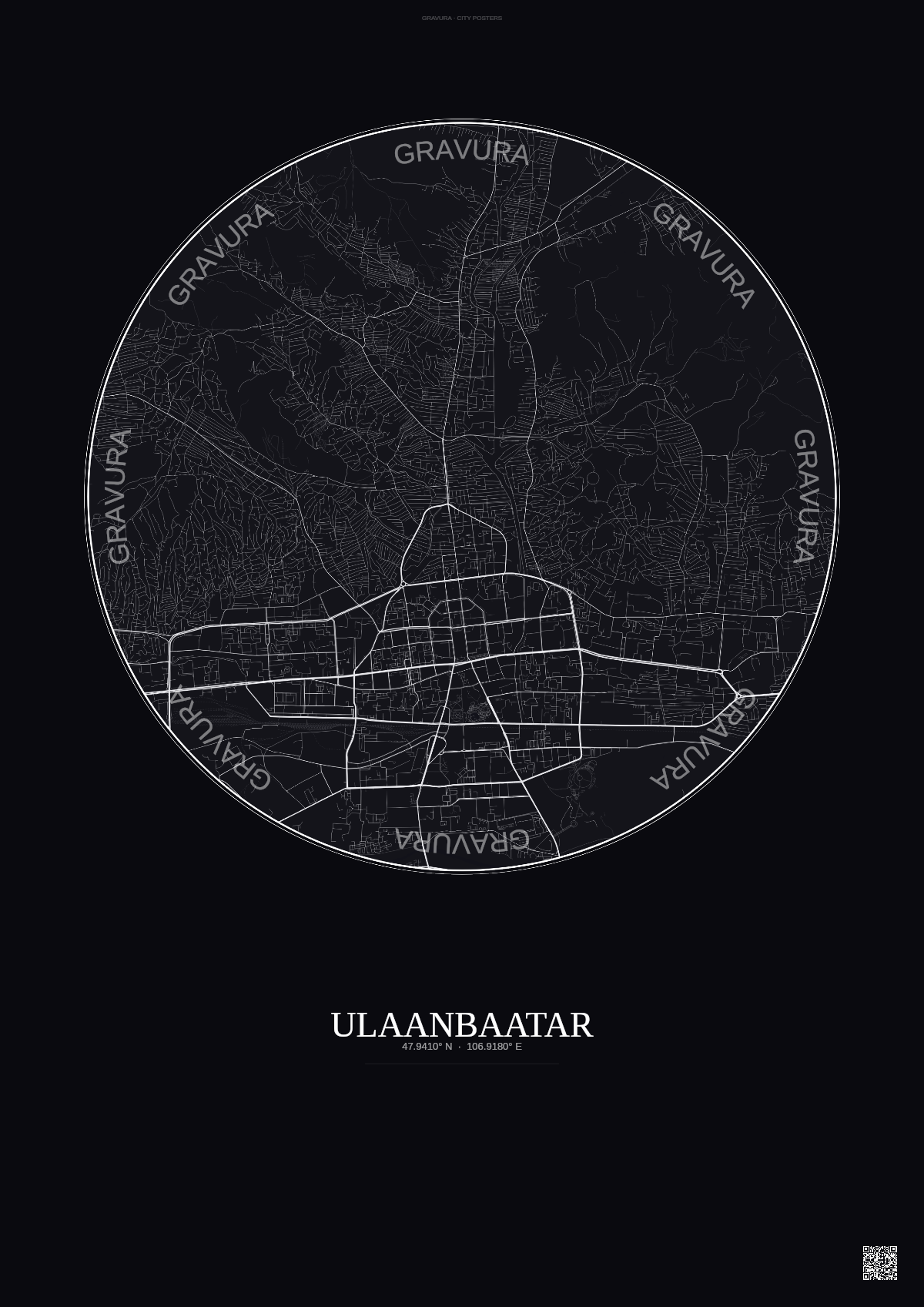 Affiche Ulaanbaatar – Poster carte de ville | Gravura – Fond foncé