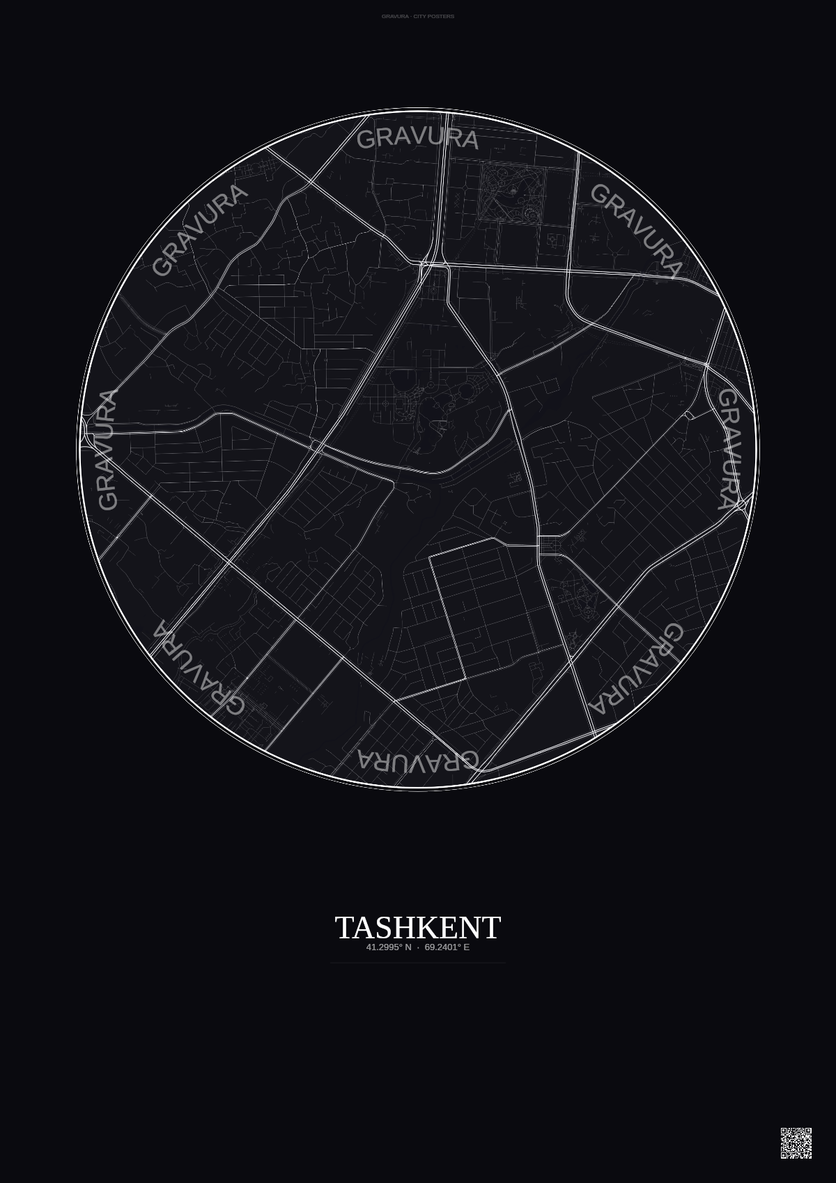 Affiche Tashkent – Poster carte de ville | Gravura – Fond foncé