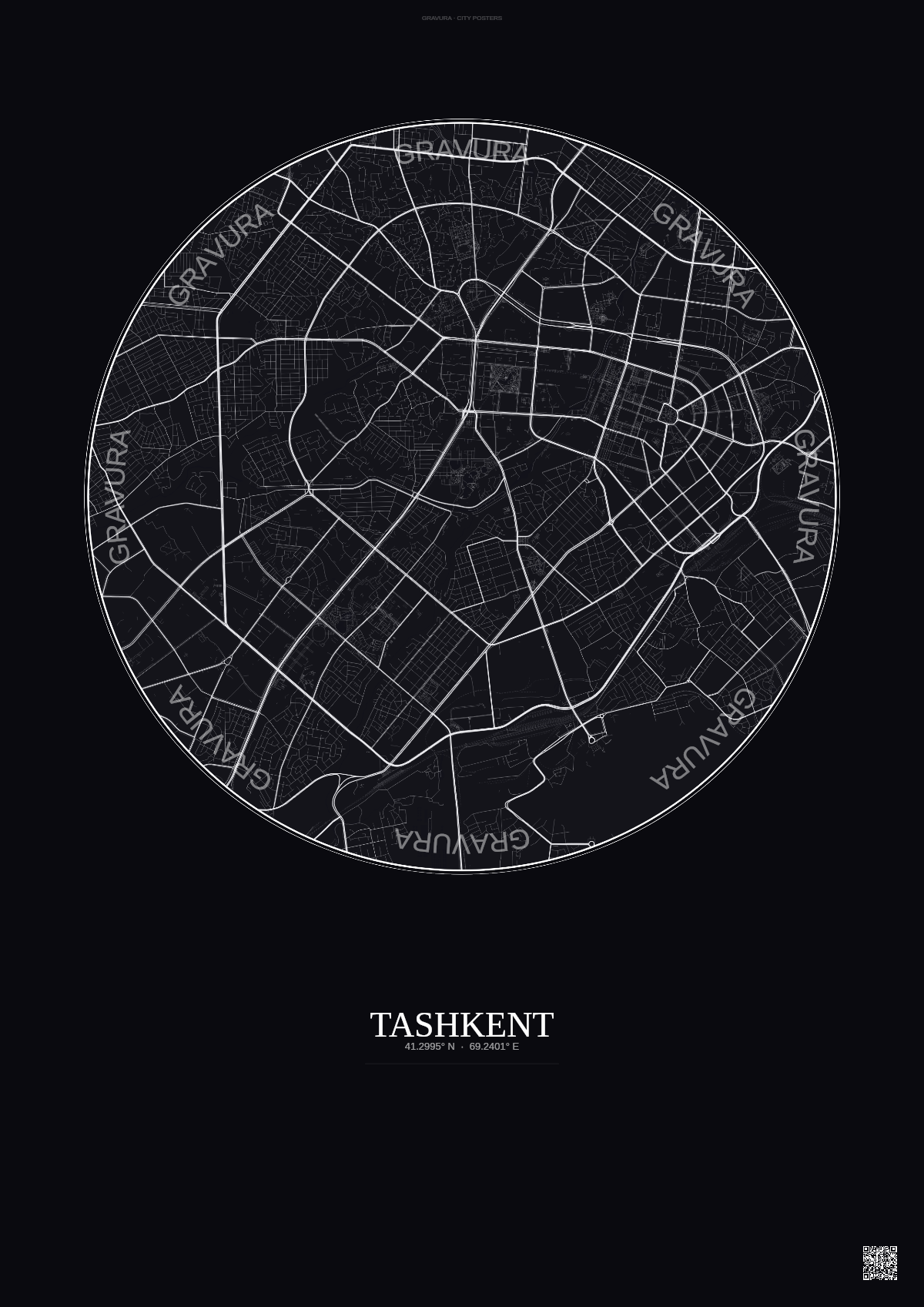 Affiche Tashkent – Poster carte de ville | Gravura – Fond foncé