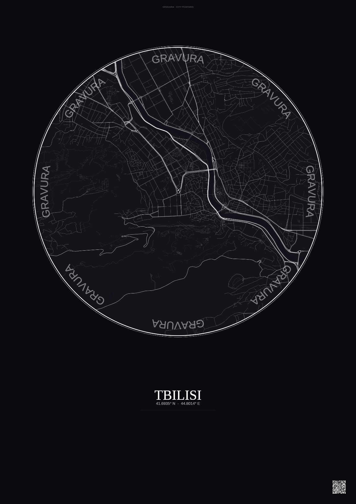 Affiche Tbilisi – Poster carte de ville | Gravura – Fond foncé