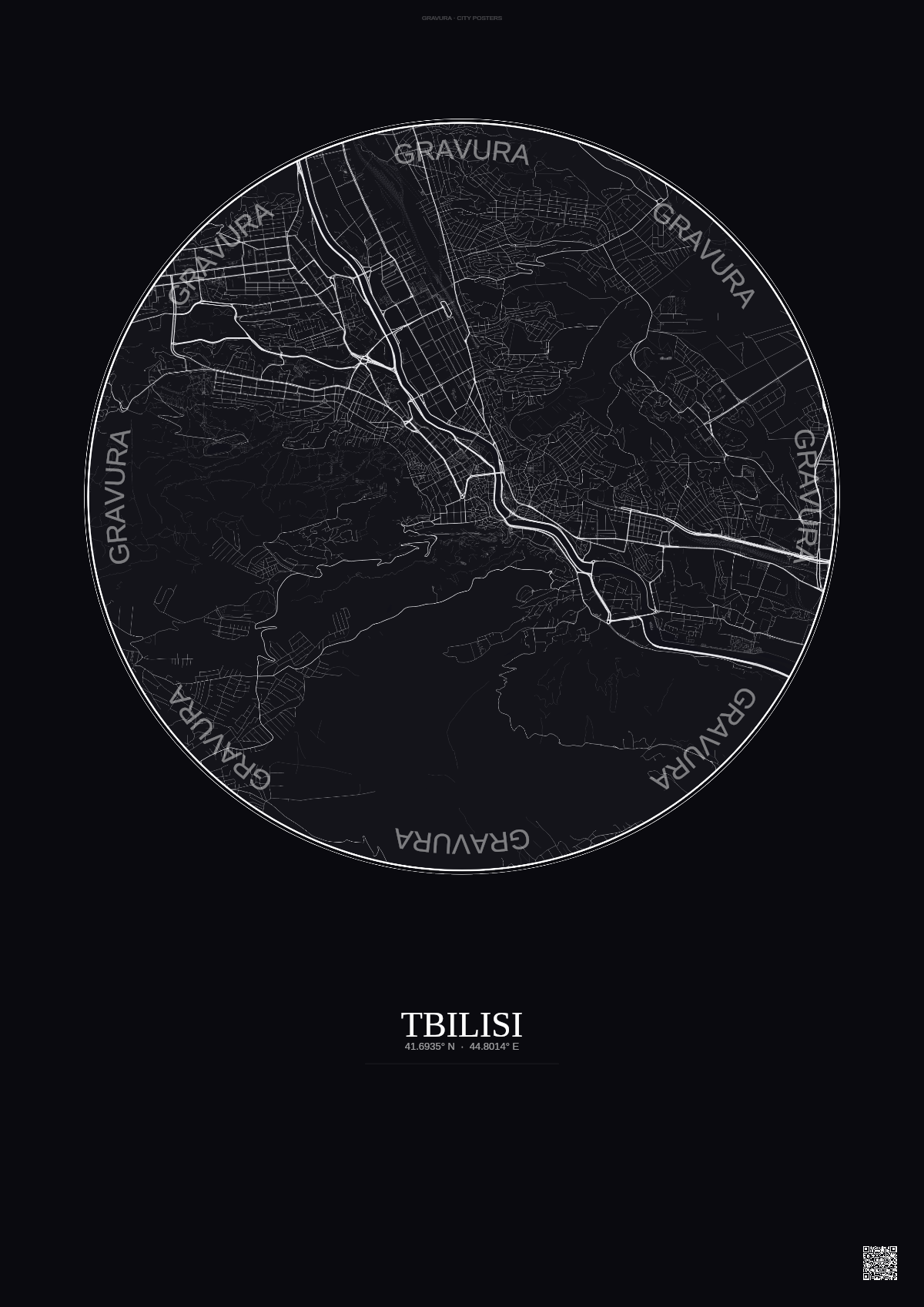 Affiche Tbilisi – Poster carte de ville | Gravura – Fond foncé