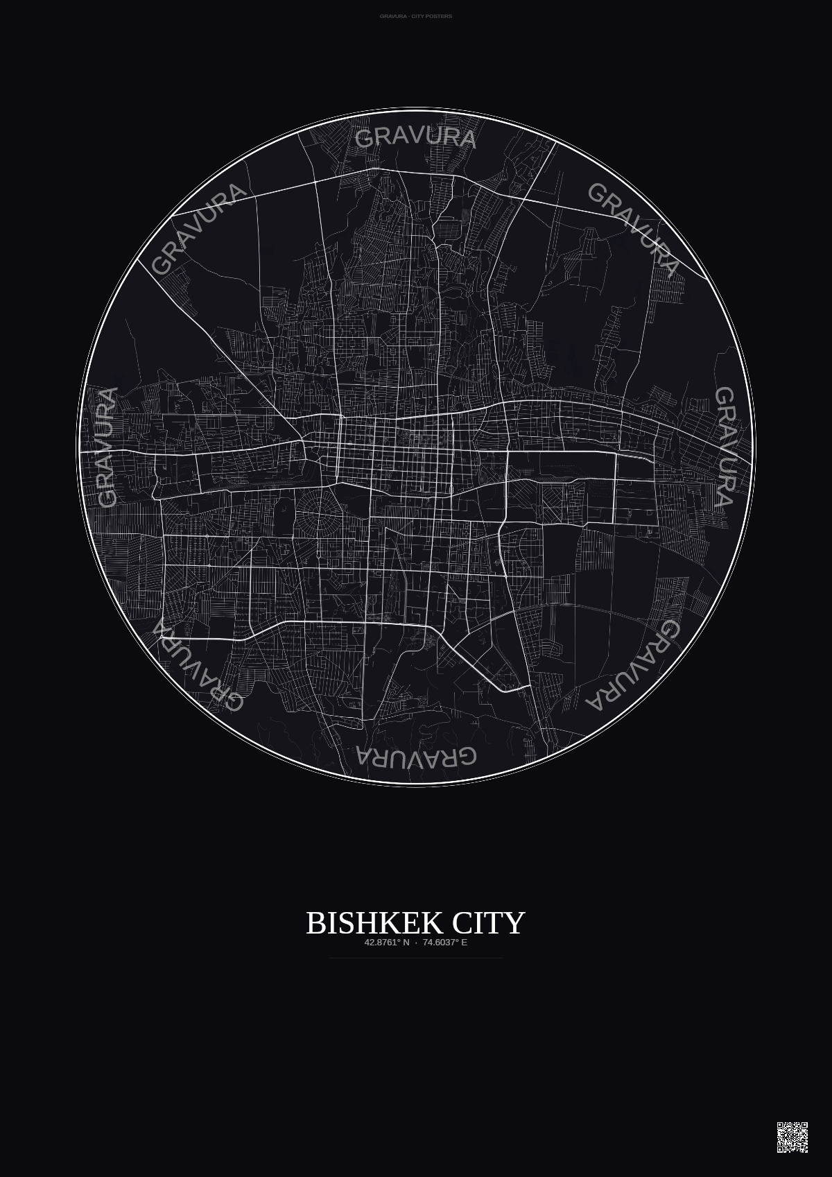 Affiche Bishkek City – Poster carte de ville | Gravura – Fond foncé