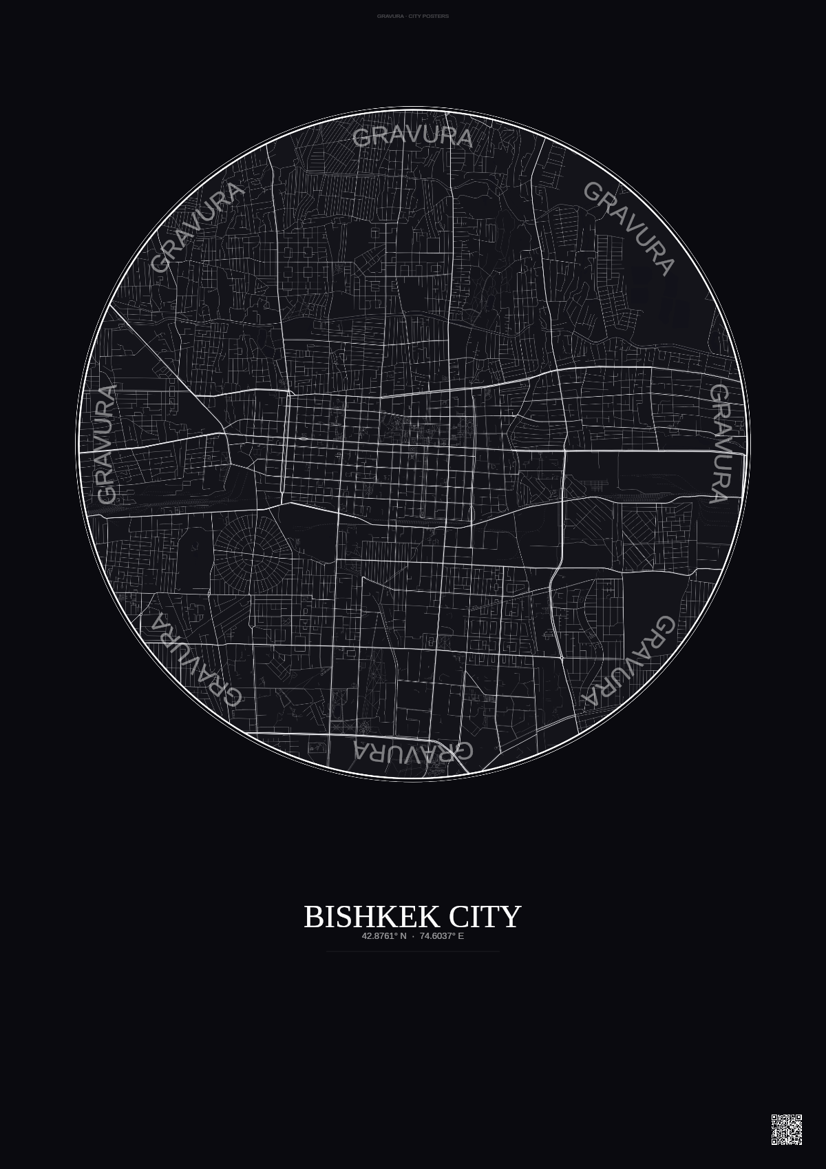 Affiche Bishkek City – Poster carte de ville | Gravura – Fond foncé
