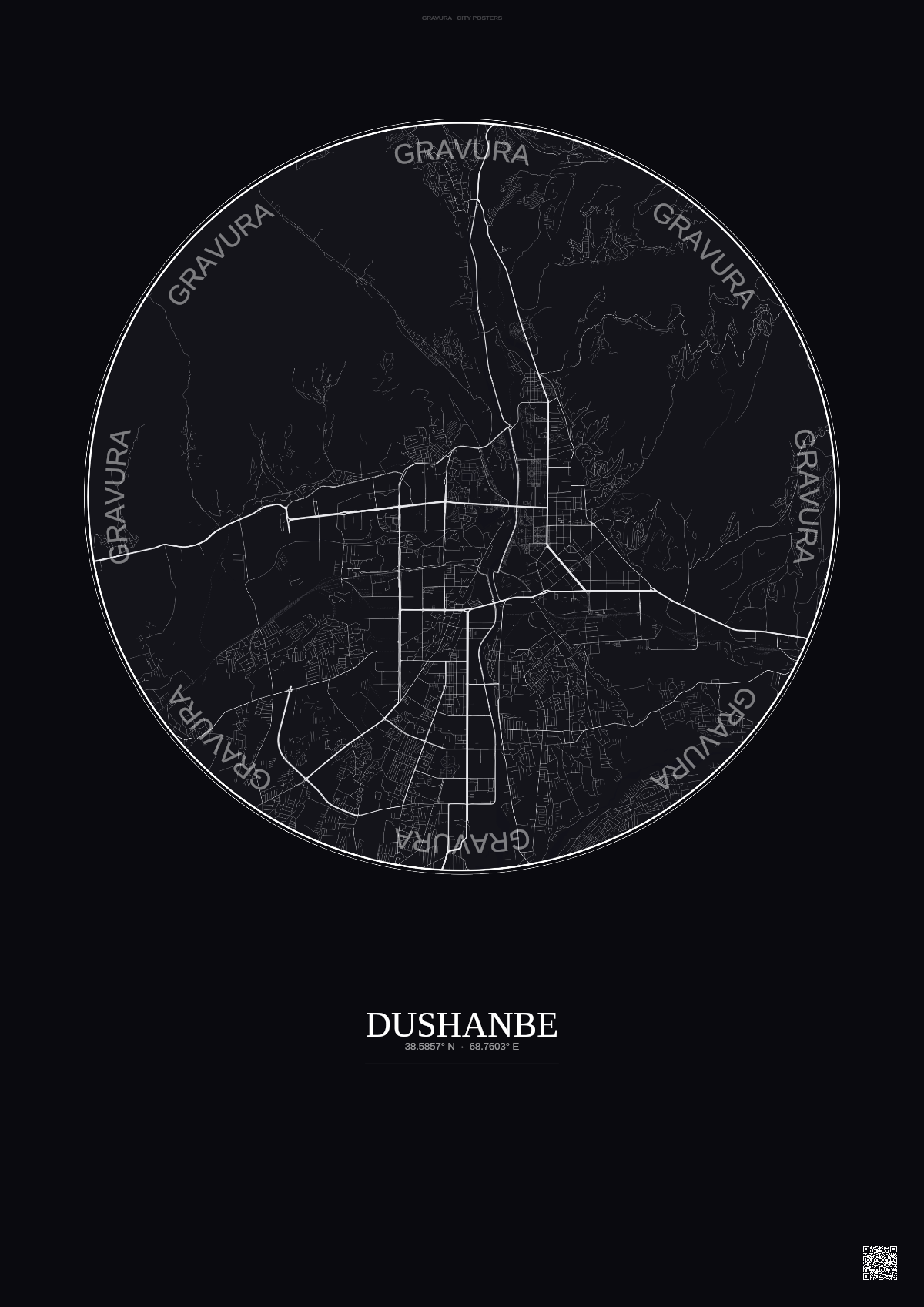 Affiche Dushanbe – Poster carte de ville | Gravura – Fond foncé