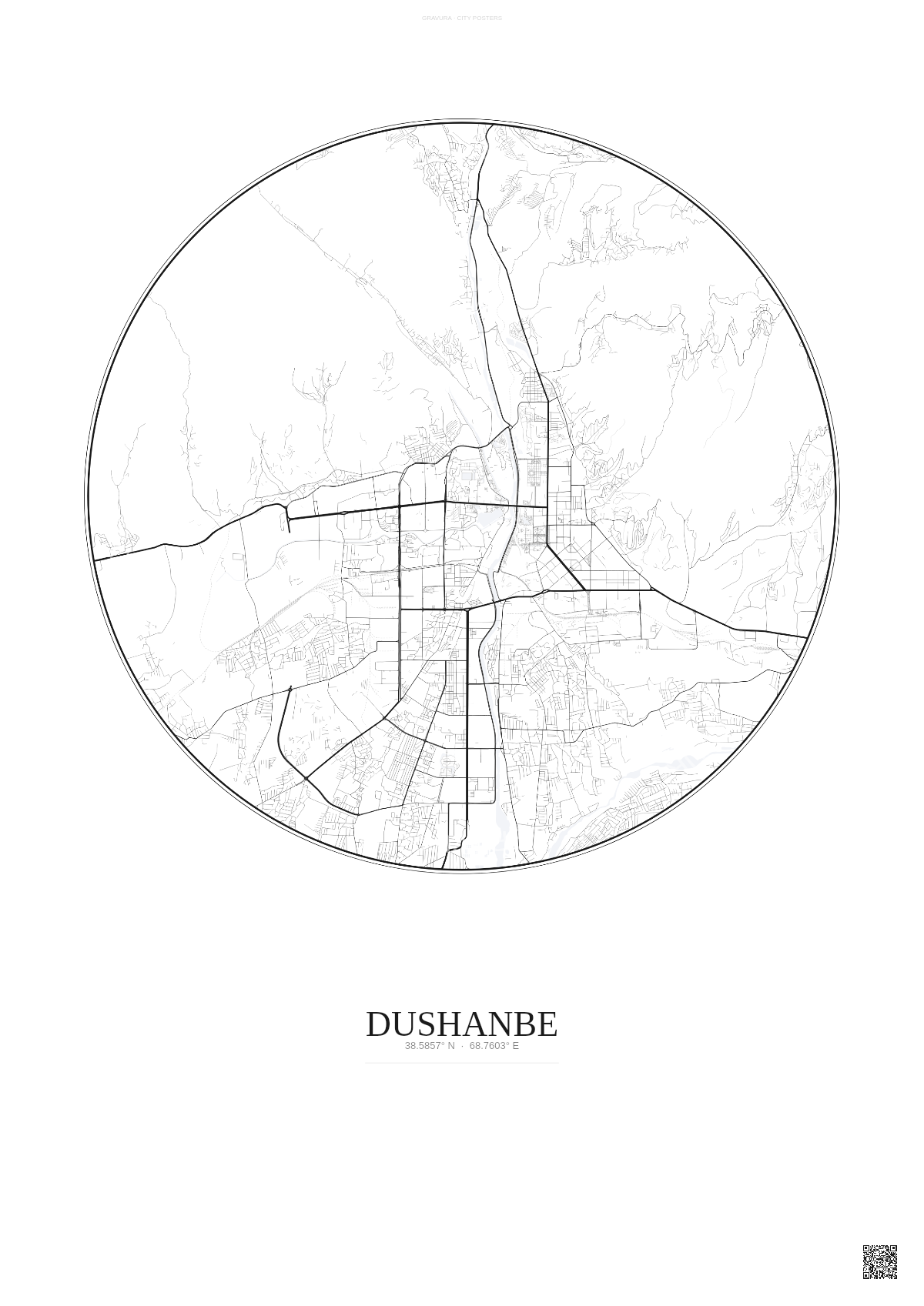 Affiche Dushanbe – Poster carte de ville | Gravura – Fond clair