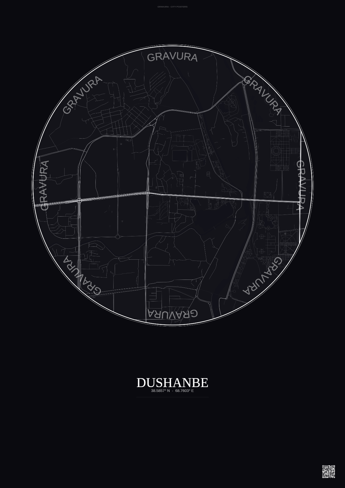 Affiche Dushanbe – Poster carte de ville | Gravura – Fond foncé